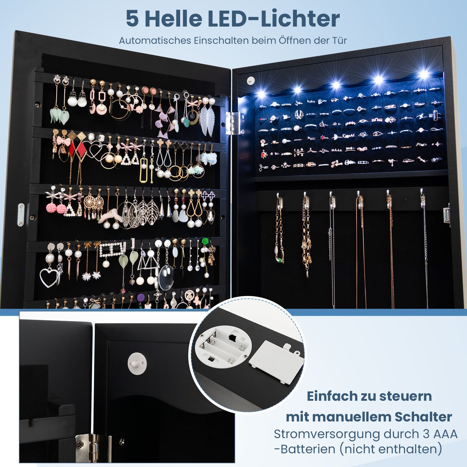 COSTWAY Schmuckschrank mit LED & Ganzkörperspiegel, für Tür und Wand