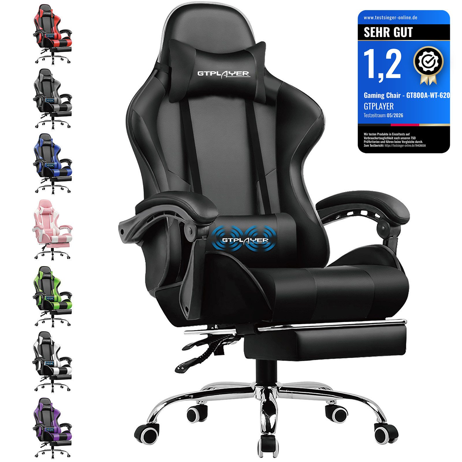 GTPLAYER Gaming-Stuhl Bürostuhl mit Massagefunktion, Fußstütze, Kopfstütze (Packung), Ergonomischer Gamer Stuhl Maximale Belastung 150 kg, 360° drehbar