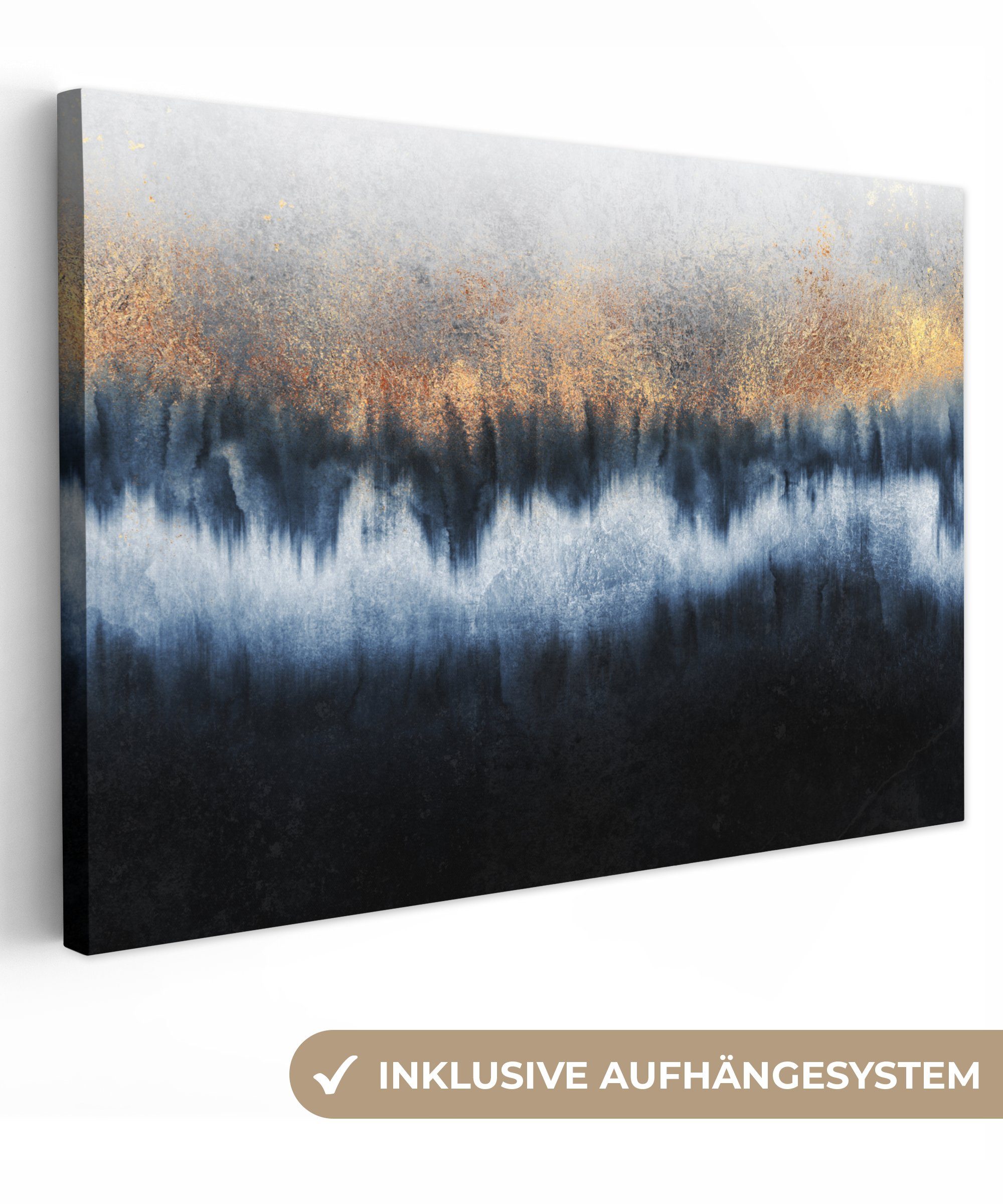 OneMillionCanvasses® Leinwandbild Abstrakt - Gold - Luxus - Blau, Fotodruck (1 St), Leinwand Bilder Klein, Wand Dekoration Aesthetic 30x20 cm