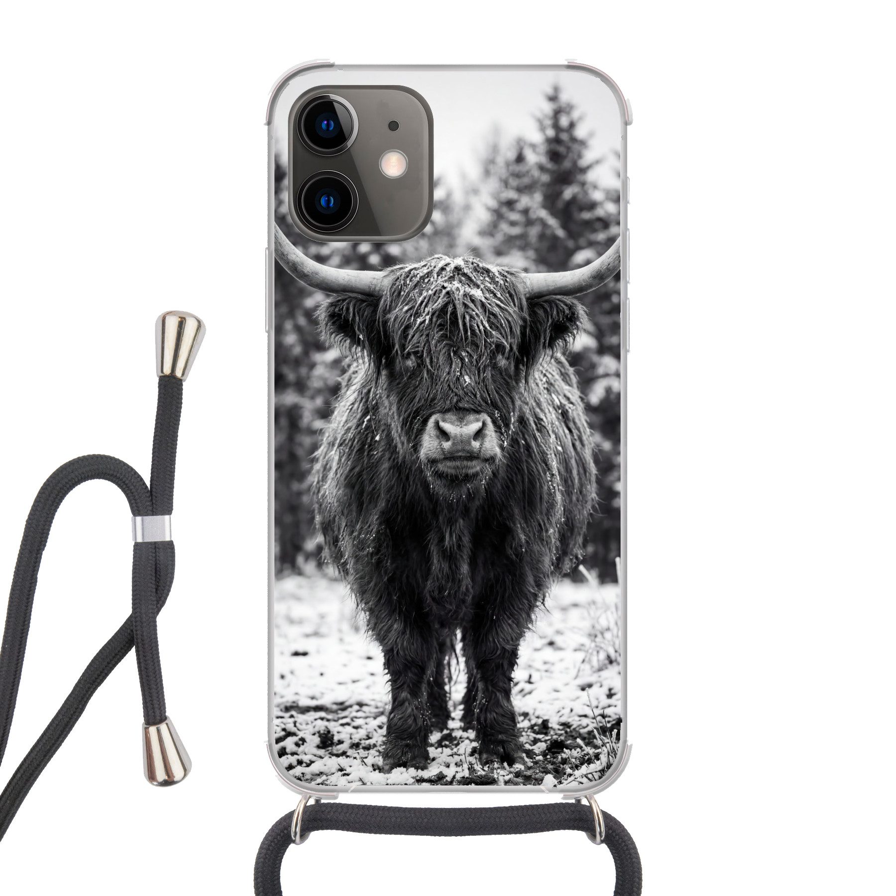 MuchoWow Handyhülle für Apple iPhone 12 Mini Schottischer Highlander - Schwarz - Weiß - Sc, Tragbare Handyhüllen mit Kette zum umhängen, Handykette Handyband