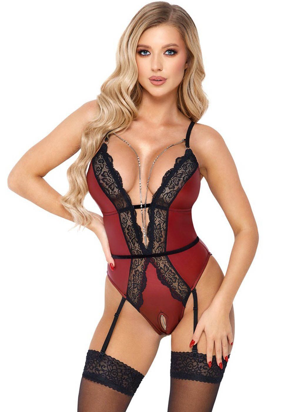 Abierta Fina Stringbody Ouvert Body Wetlook mit Kette im Schritt - rot, schwarz (1-tlg) mit offenem Schritt
