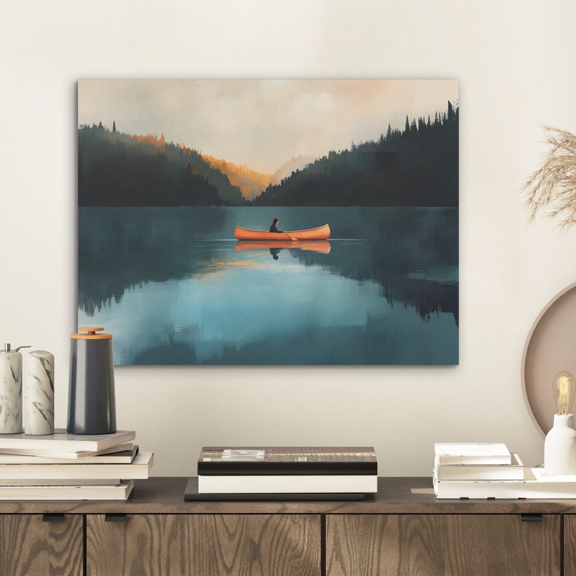 MuchoWow Gemälde Wälder - See - Kanu - Orange, Fotodruck (1 St), Akustikpaneele PET-Filz, Akustikbild, Schalldämmung, Deko 40x30 cm