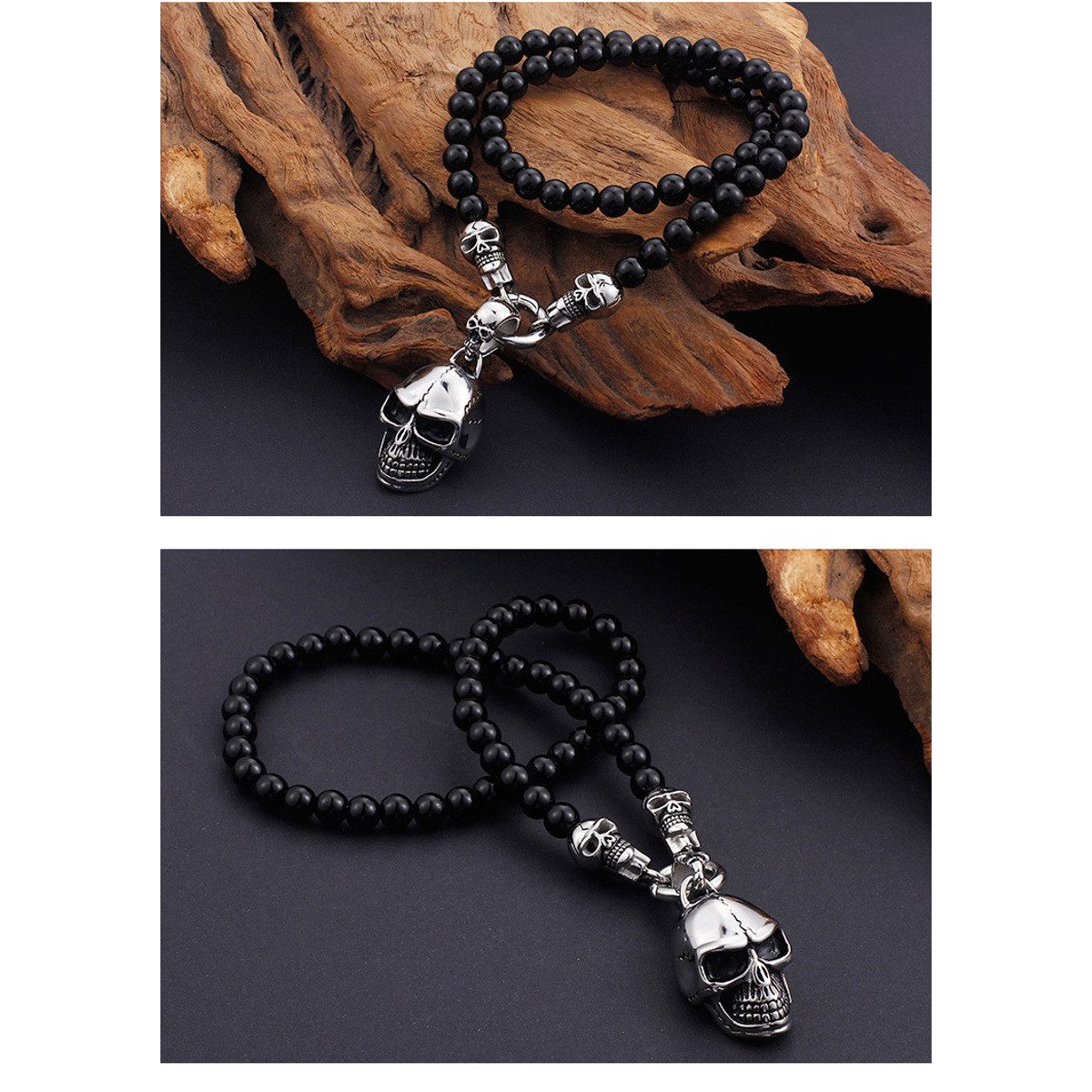 KARMA Kette mit Anhänger Herren Perlenkette schwarz Totenkopf Halskette Herrenschmuck Kette (modern, Geschenk für Ihn Herren Männer Herrenschmuck), Totenkopfkette Totenkopfhalskette Glasperlen Edelstahl