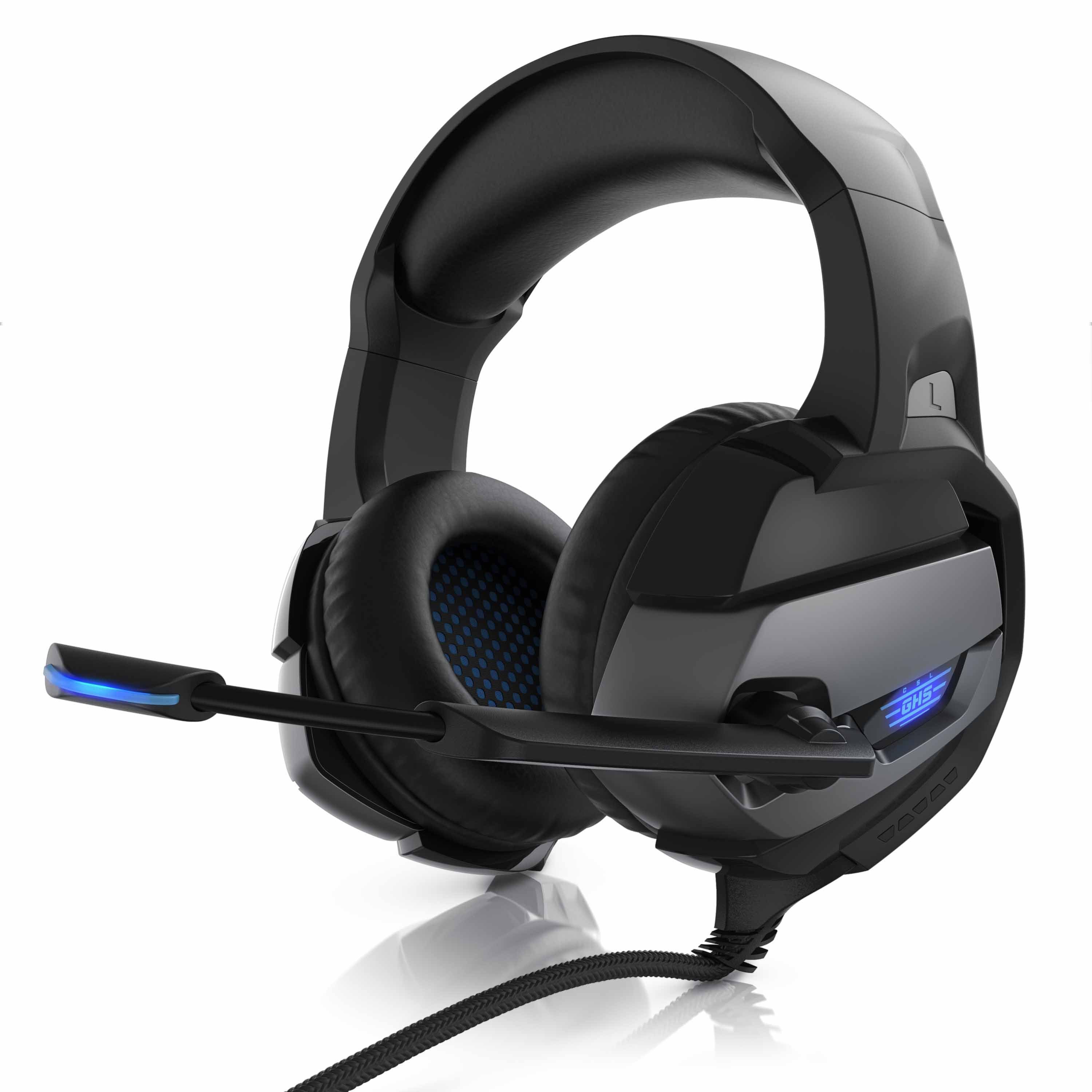 CSL Gaming-Headset (Blaue LED-Beleuchtung; Kopfbügel variabel verstellbar; Bietet kristallklaren Hoch-, Mittel- und Tieftonbereich + dynamische Basswiedergabe, USB, Mikrofon, Kopfhörer für Windows, Mac, PS3, PS4, PS4 Pro)