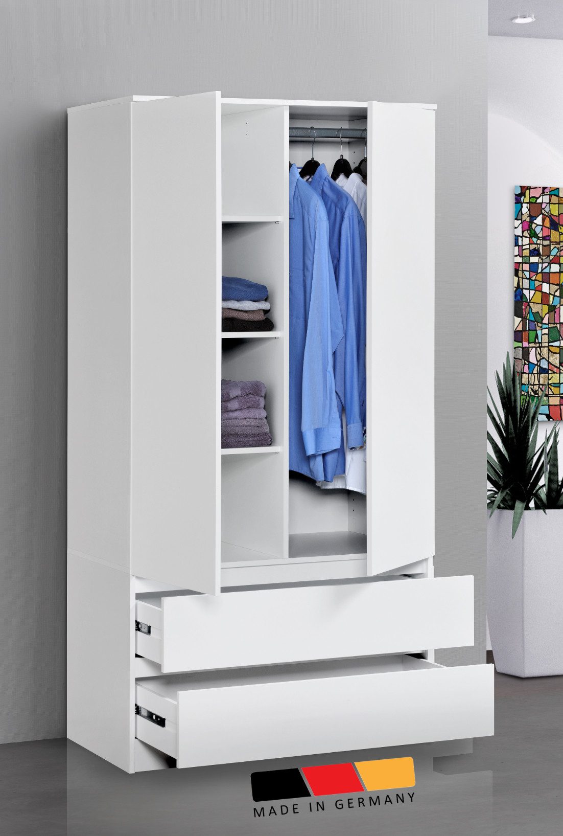 Home Collective Kleiderschrank mit 2 Türen, 3 Einlegeböden und 2 Schubkästen in Weiß (Schrank Garderobenschrank für Schlafzimmer, Kinderzimmer, Flur, Keller) Kleiderschrank 90 cm breit mit Schubladen Höhe 182 cm