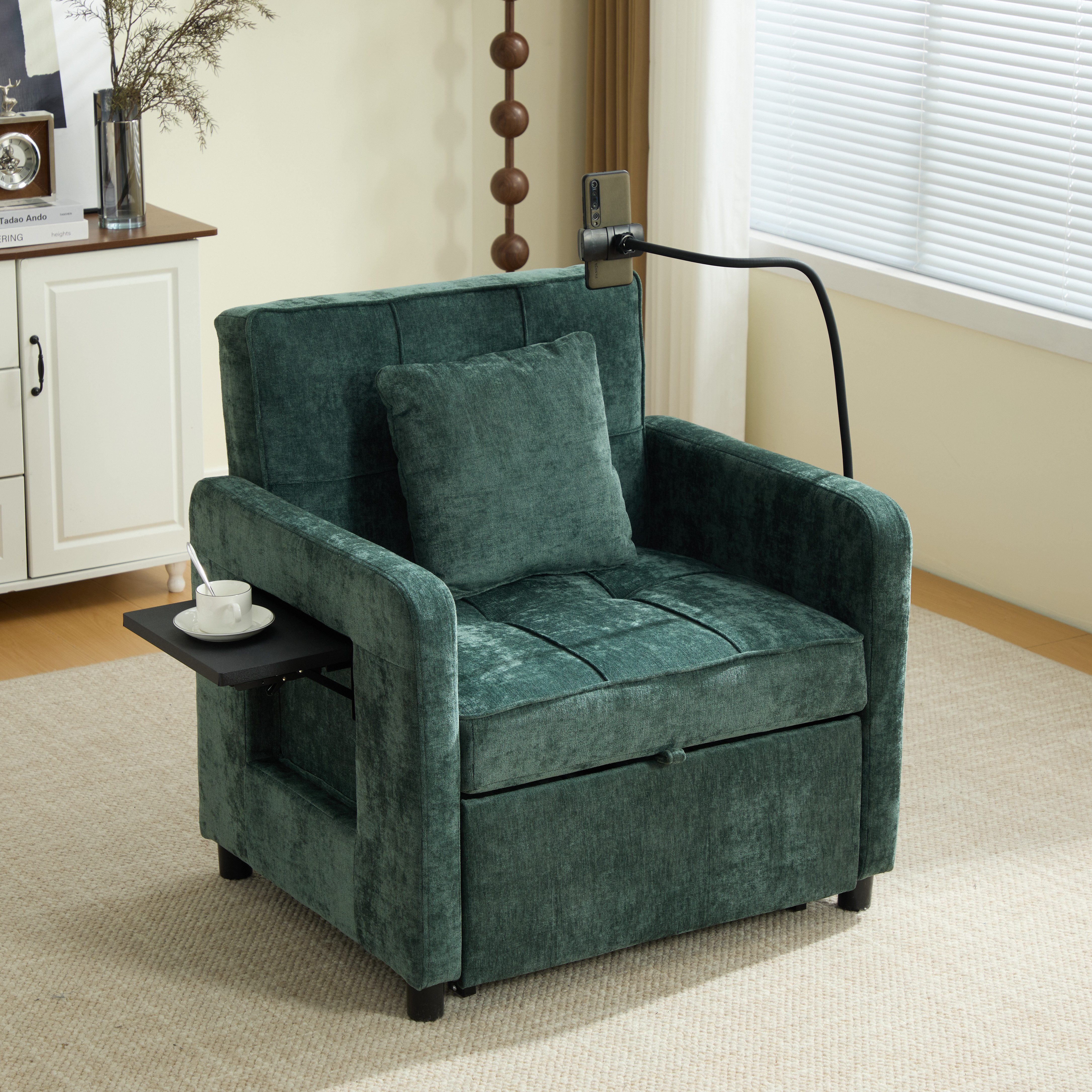 Celya Sessel Schlafsessel, Einzelschlafsofa mit Kissen und Seitentaschen (mit Tischchen und Aufbewahrungstasche), Geeignet für Wohnzimmer, Gästezimmer oder Homeoffice