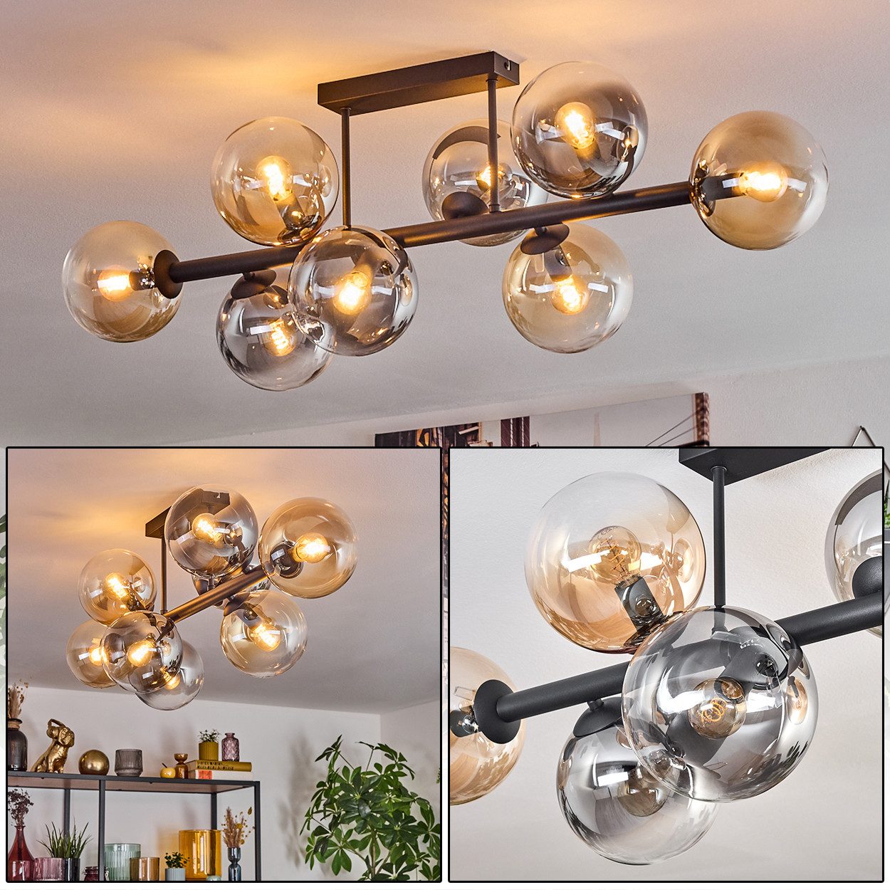 hofstein Deckenleuchte 8-flammige Deckenlampe aus Metall/Glas in Schwarz/Rauch/Bernstein/Klar, ohne Leuchtmittel, im Retro/Vintage-Design (Schirme Ø 15cm), E14