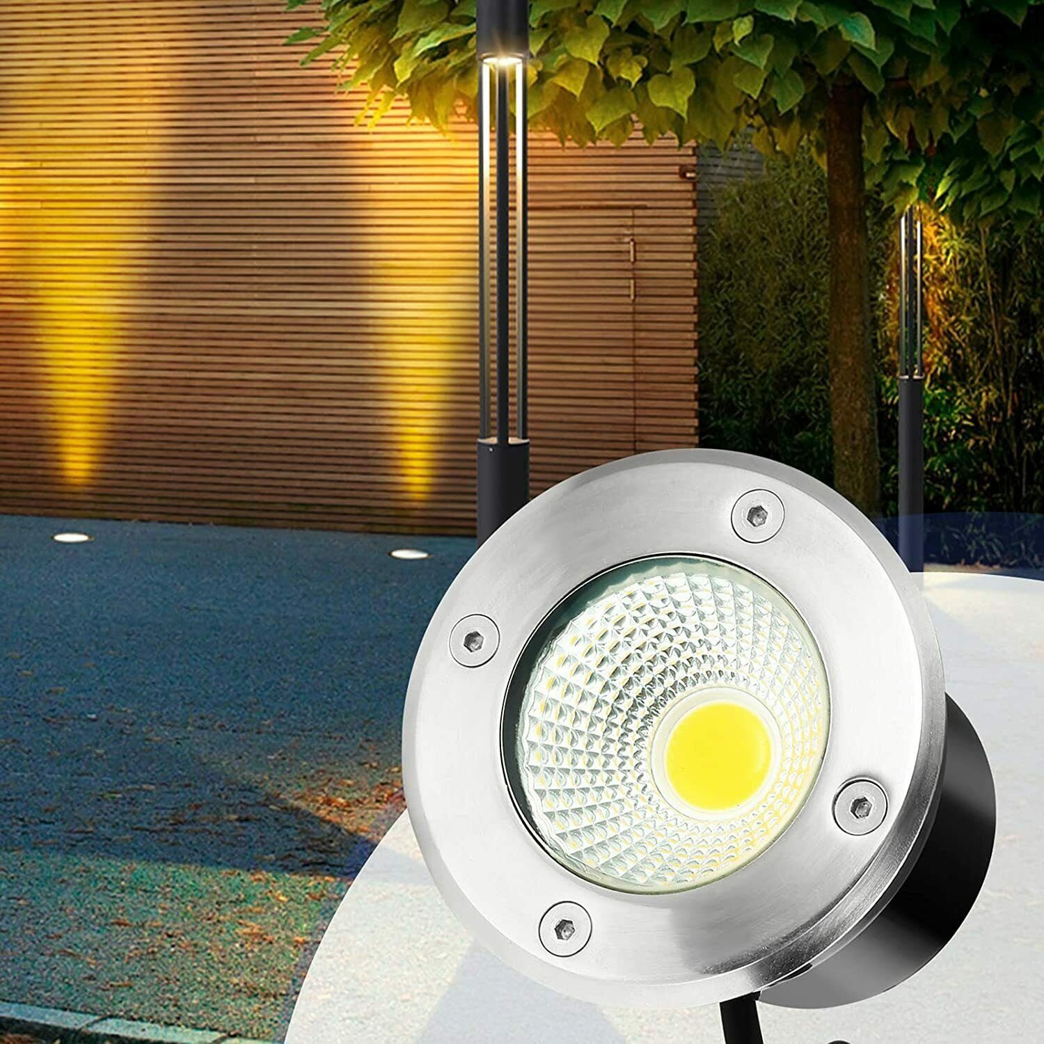LETGOSPT LED Einbaustrahler LED 230V, Fassung GU10 Glühbirne wechselbar, Einbaustrahler mit Garden Bodeneinbauleuchten, Befahrbar IP67 Außen in GU10 Warmweiß, Rund rund/quadrat, Einbauspot, LED Edelstahl Stoßfest
