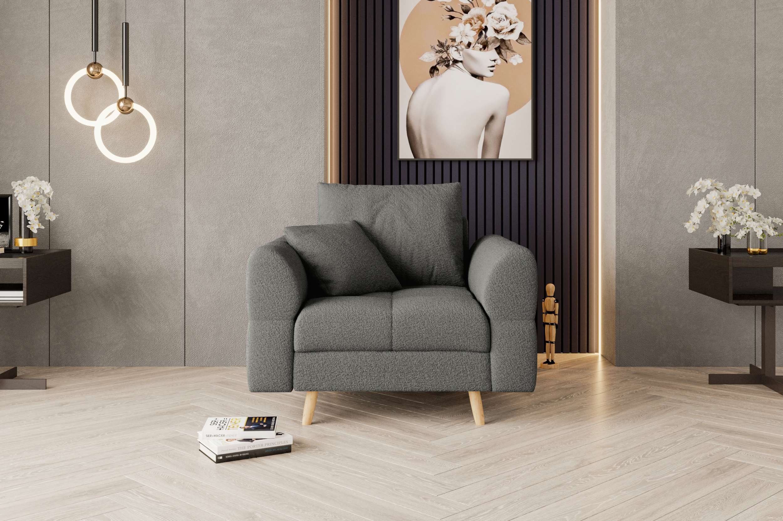 99rooms Sessel Bello (Armlehnensessel), mit Rundumbezug, inkl. Rückenkissen, hellbraune Holzfüße