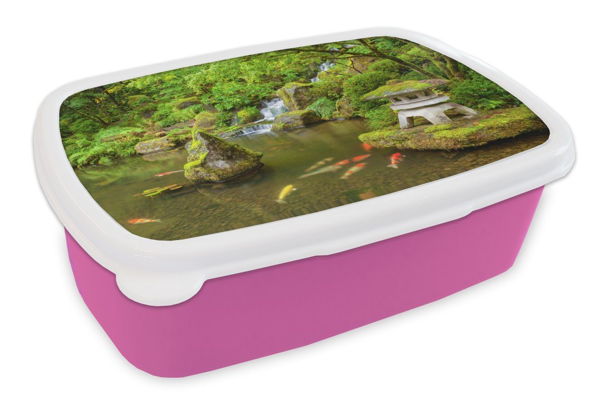 MuchoWow Lunchbox Wasserfall - Koi - Japanische Laterne - Moos - Wasser, Kunststoff, (2-tlg), Brotbox für Erwachsene, Brotdose Kinder, Snackbox, Mädchen, Kunststoff rosa