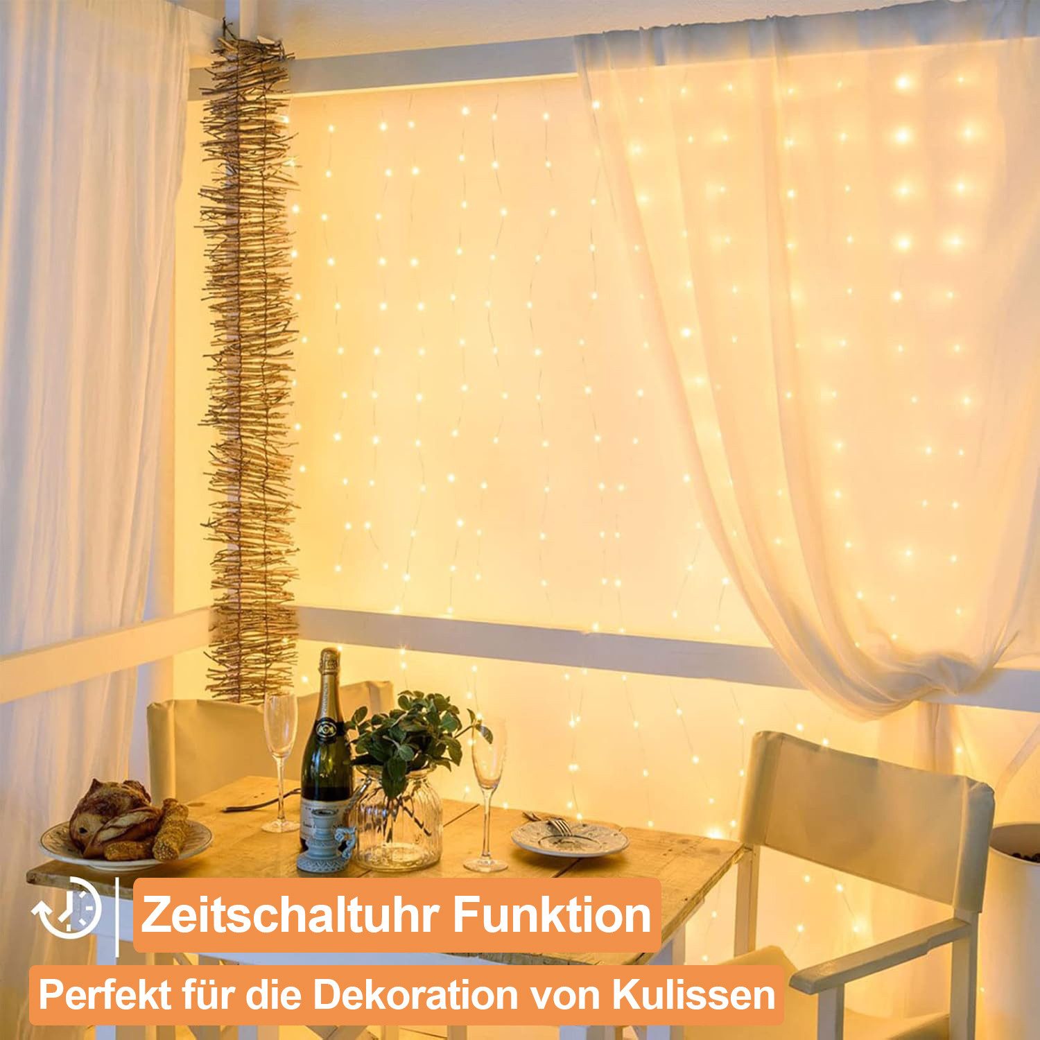 Qualra LED-Lichtervorhang 100/200/300LEDs 8 Modi Lichtervorhang Fenster Innen Weihnachten, 3x1M/3x2M/3x3M USB mit Fernbedienung Vorhang Lichterkette
