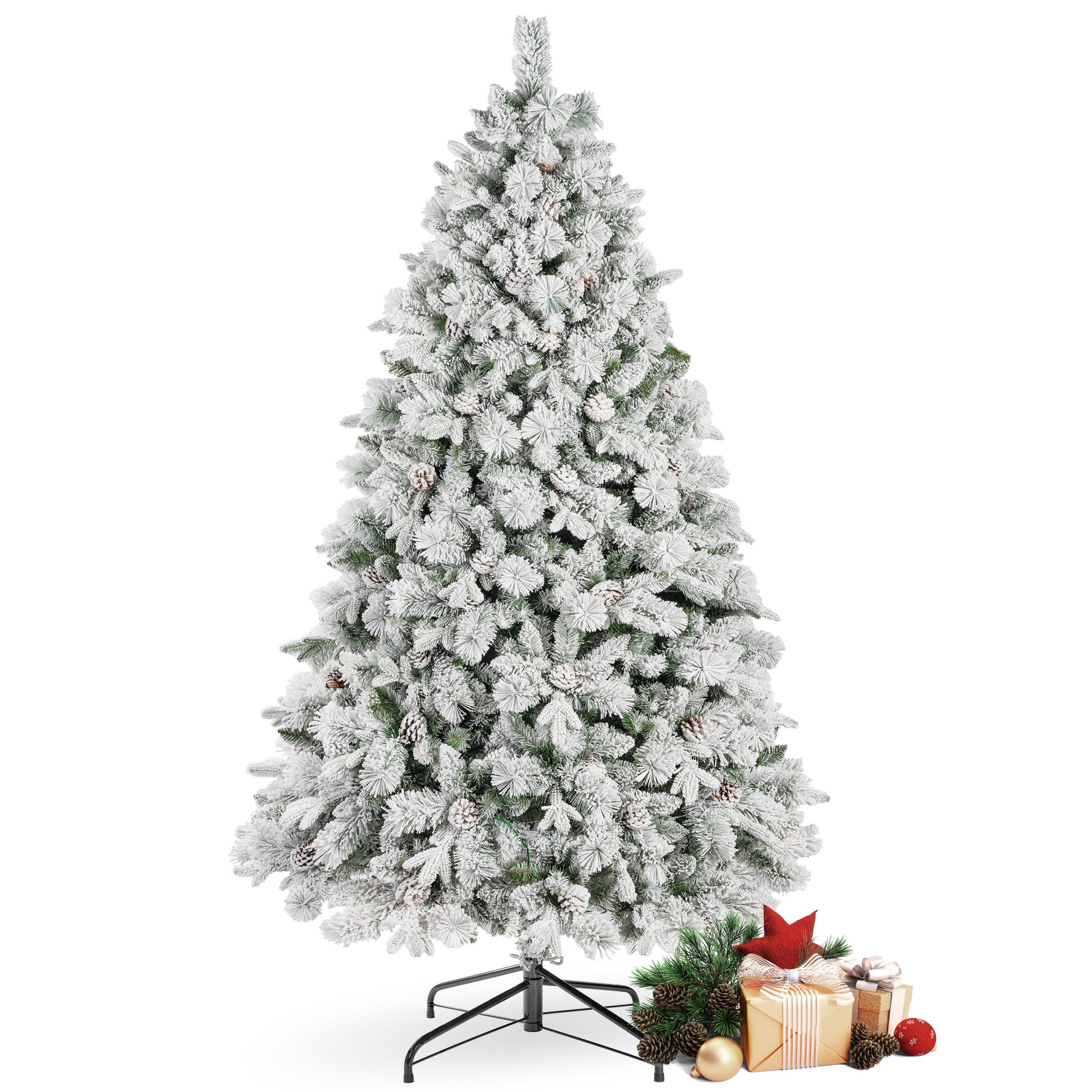 WHEELYOU Künstlicher Weihnachtsbaum 180 cm Schneetanne, echte Zapfen, 300 LEDs, 8 Lichtmodi, beflockt, Beflockte Wintertanne, echte Zapfen, Mischzweige, warmgelbes Licht, 300 LEDs, 8 Lichtmodi, echte Schneezapfen, formbare Zweige, Metallfuß