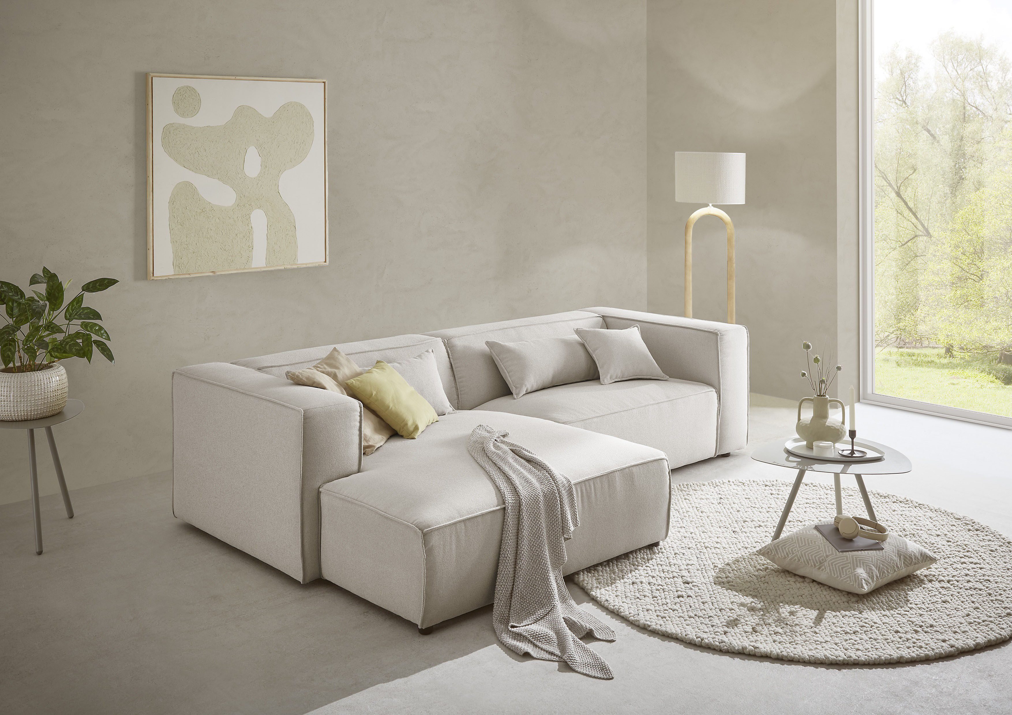 LeGer Home by Lena Gercke Ecksofa PIARA Struktur mit Kedernaht L-Form, wahlweise Ottomane rechts/links, schwarze Füße, bequemer Sitzkomfort