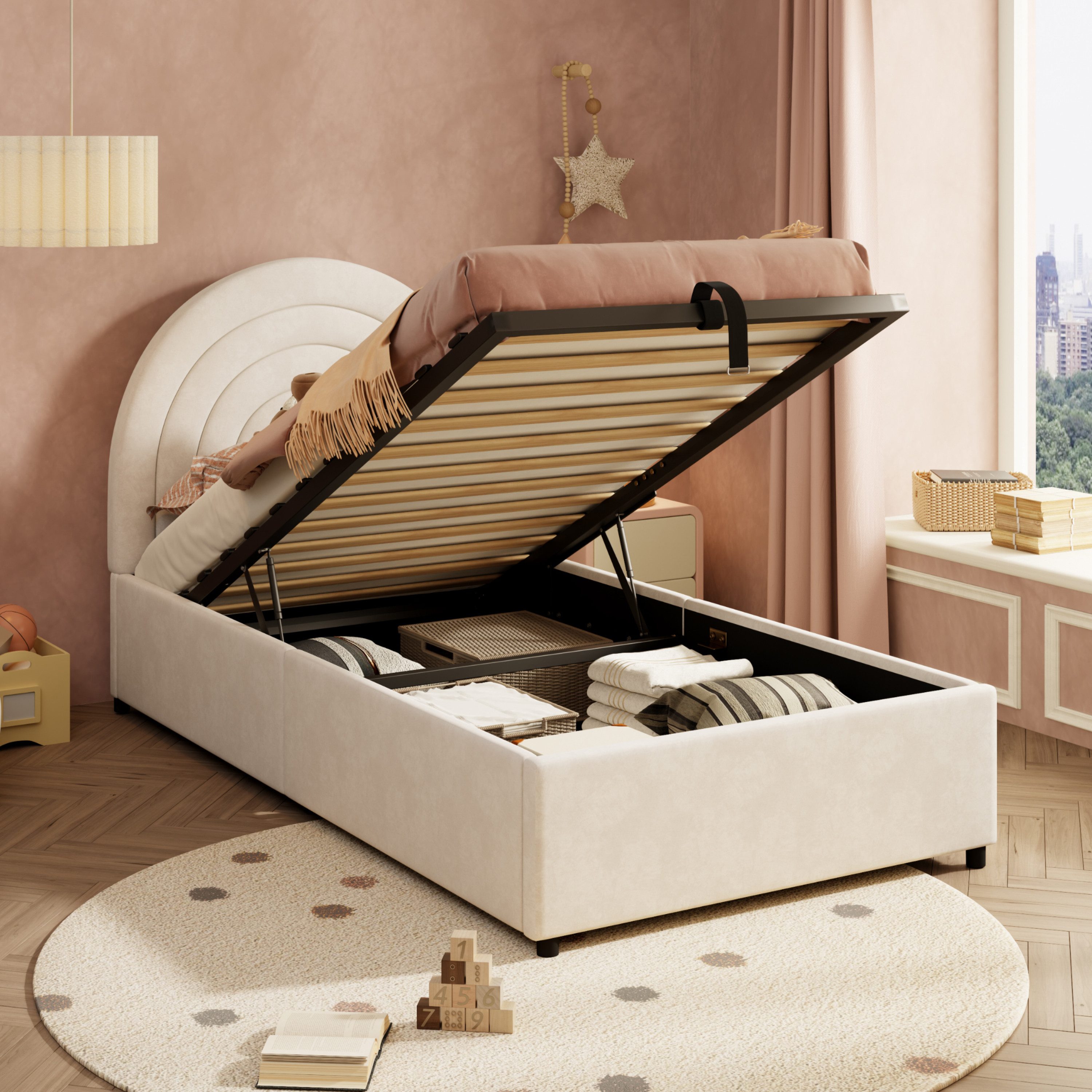 HAUSS SPOLE Polsterbett 90×200 mit Bettkasten,Stauraumbett Kinderbett aus Samtstoff,Beige (Kinderbett,Einzelbett, 90*200 cm, ohne Matratze, Samt), mit Holzlatten, einfache Montage