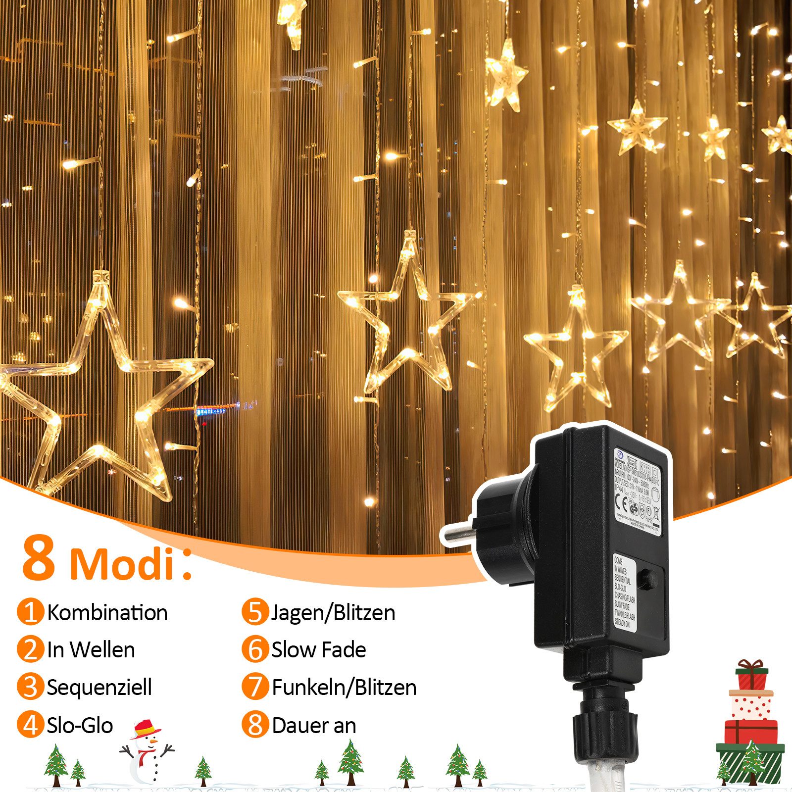 Clanmacy LED-Lichterkette 138 LED Lichterkette Sterne Lichtervorhang Außen Innen Weihnachtsdeko, 138-flammig