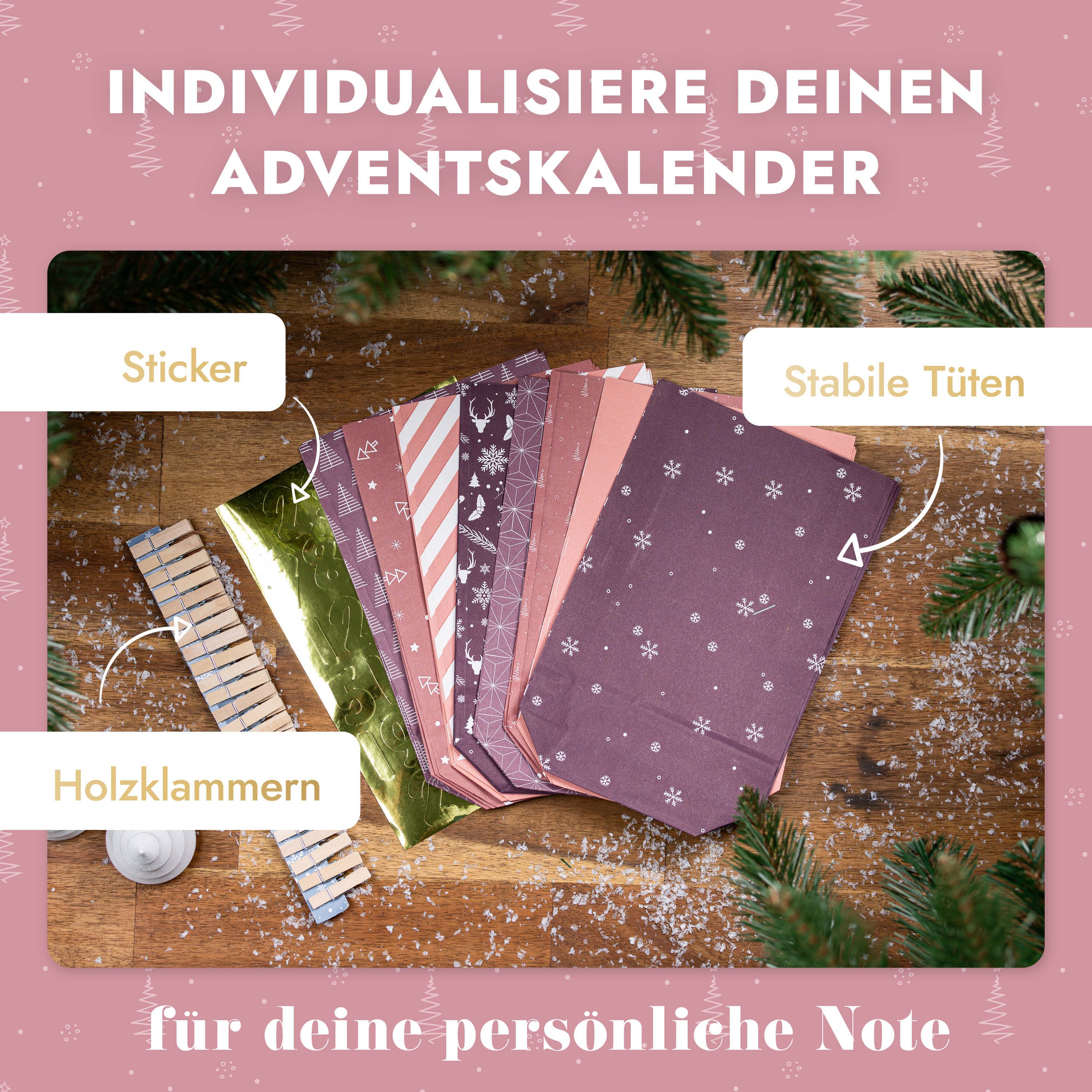 Amari befüllbarer Adventskalender Adventskalender zum Befüllen 2026, 24 Papiertüten 14×22 cm mit Zahlen (DIY Set, 72-tlg), Designs für Kinder & Erwachsene, wied – Bild 4 von 5