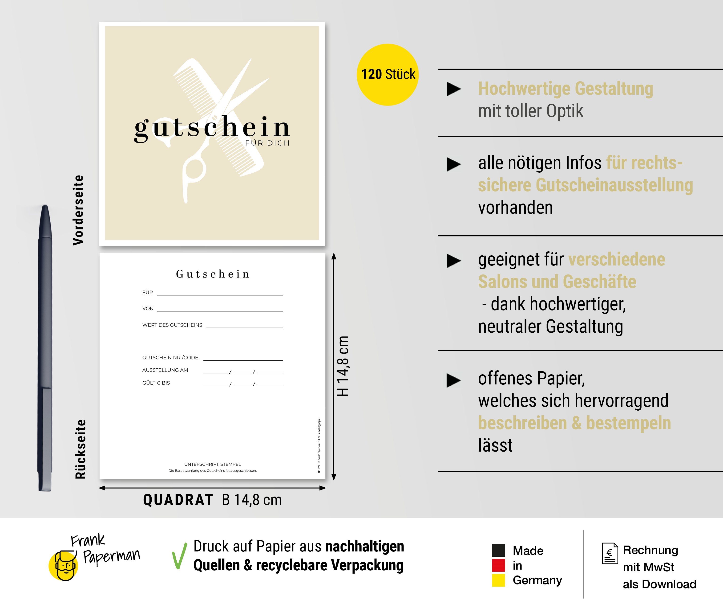 Frank Paperman Geschenkkarte Gutschein für Kunden, Friseur Gutschein. zum selber Ausfüllen, Gutscheinkarten, Geschenkgutschein, Friseur, Kosmetik, Barbershop