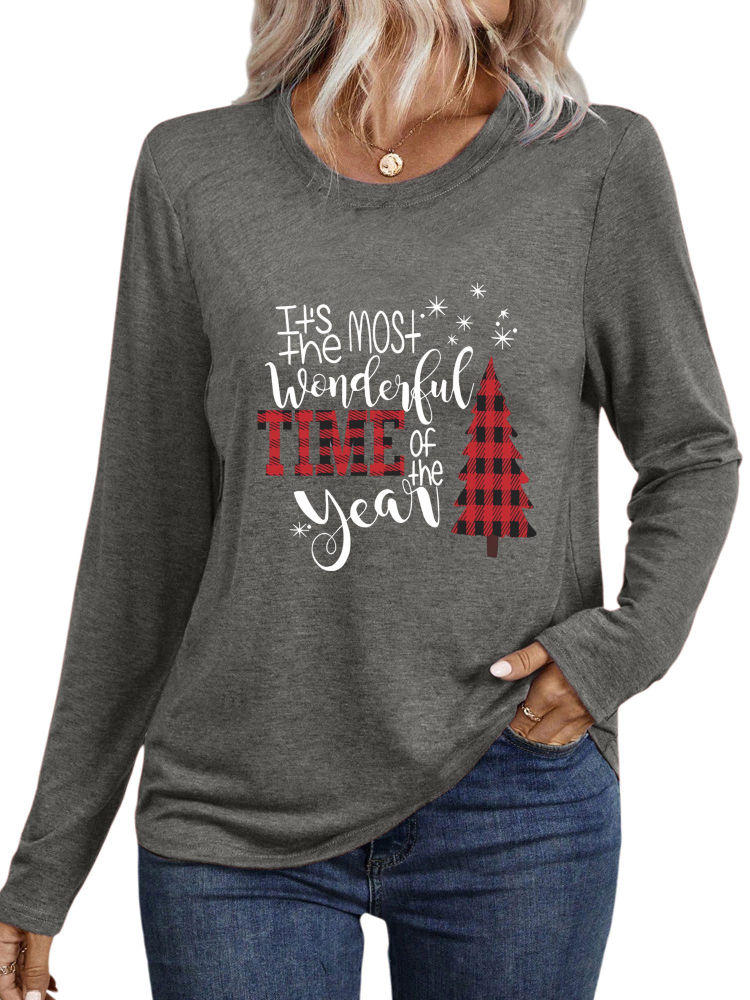 PYLIKE Rundhalsshirt Damen bequemes Festival Weihnachten Longsleeve Shirt L günstig online kaufen