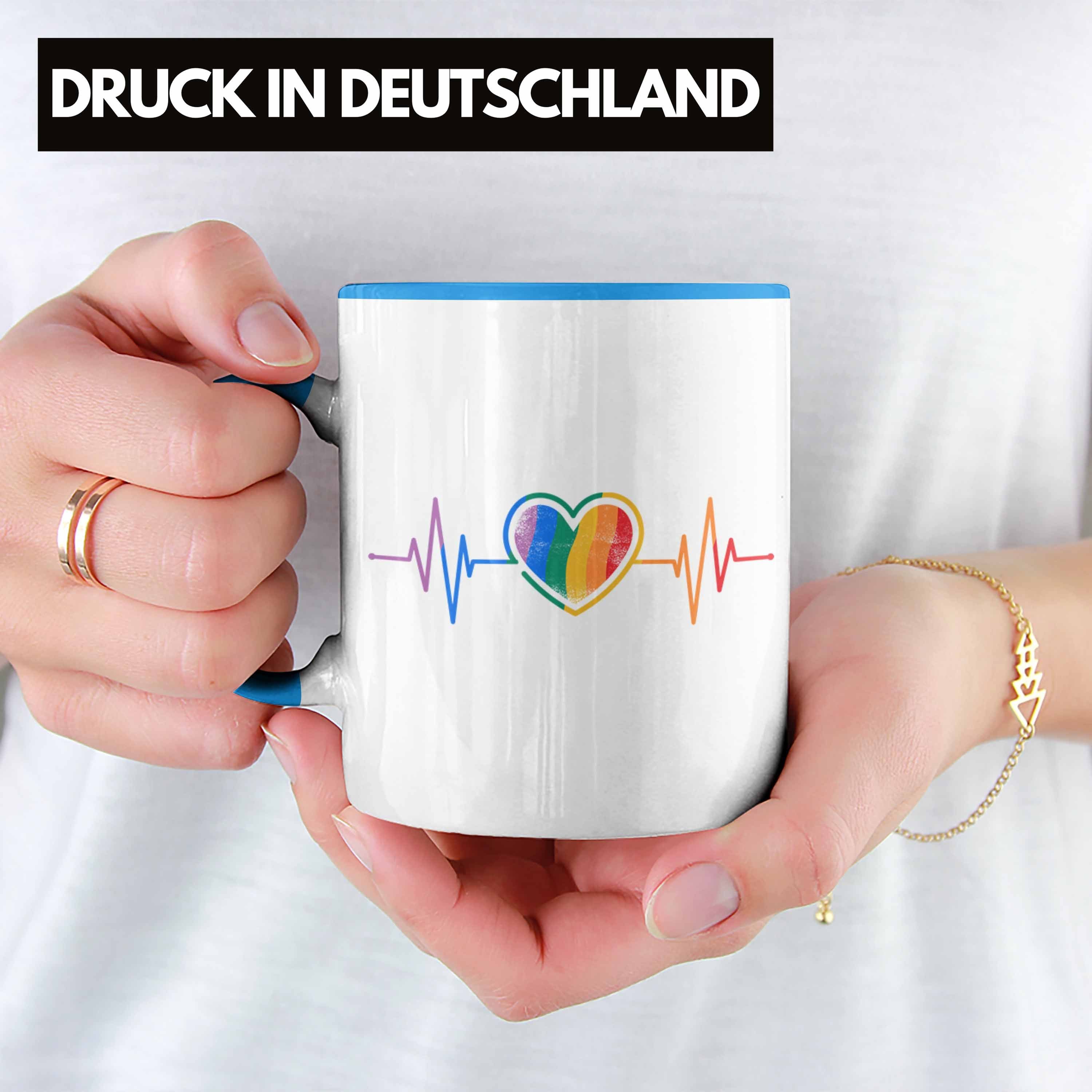 - Tasse Regenbogen Lesben Trendation für Schwule Grafik Herzschlag Transgender LGBT Geschenk Trendation Tasse Blau Lustige