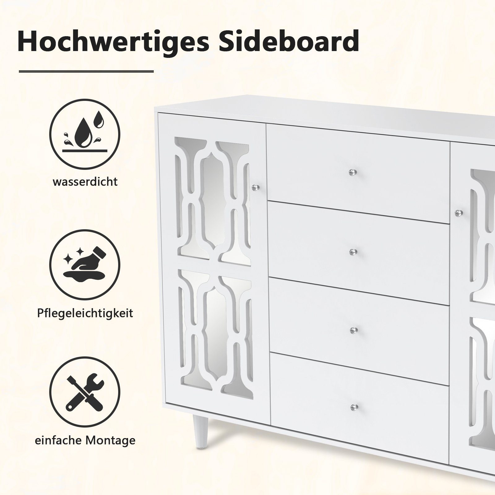 KLAM HOME Anrichte Sideboard mit Schubladen und Türen (Küchenschrank aus MDF mit Massivholzbeine, für Schlafzimmer, Arbeitszimmer, Flur), für Wohnzimmer