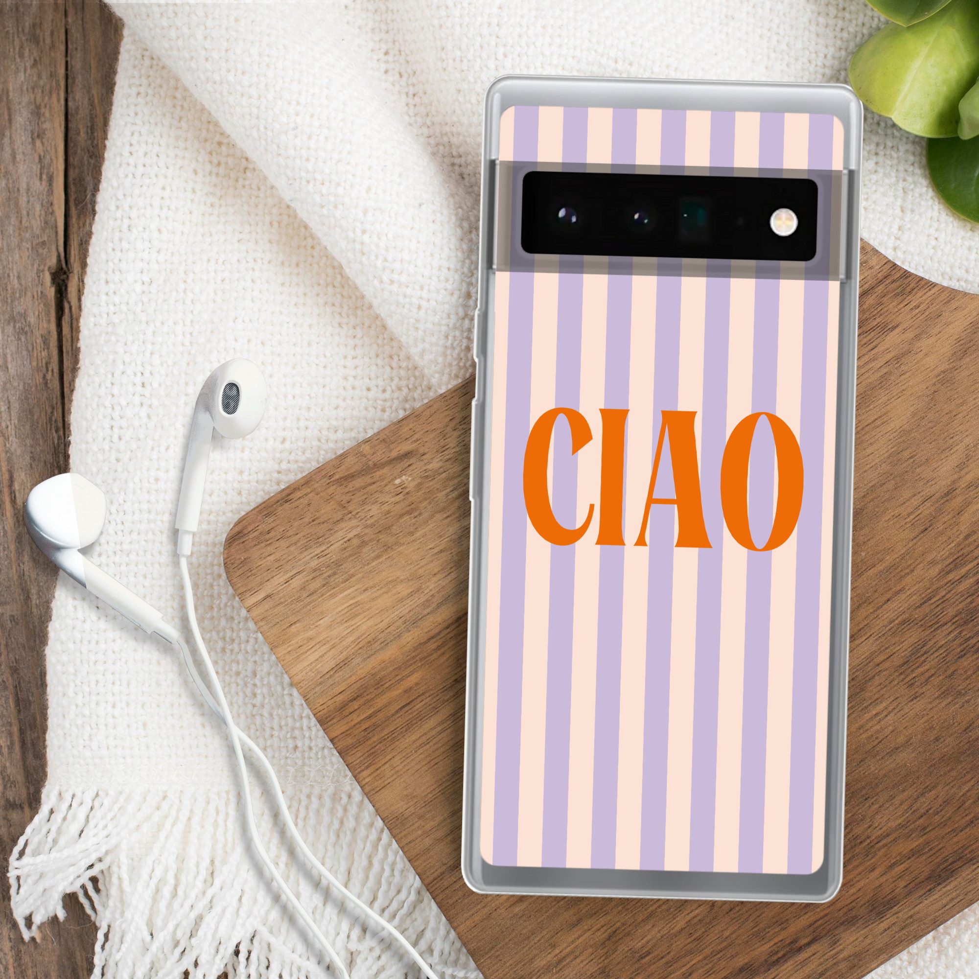 MuchoWow Handyhülle für Google Pixel 6 Pro Ciao - Zitat - Pastell - Streifen, Handy Case, Silikon, Bumper Case Dünn