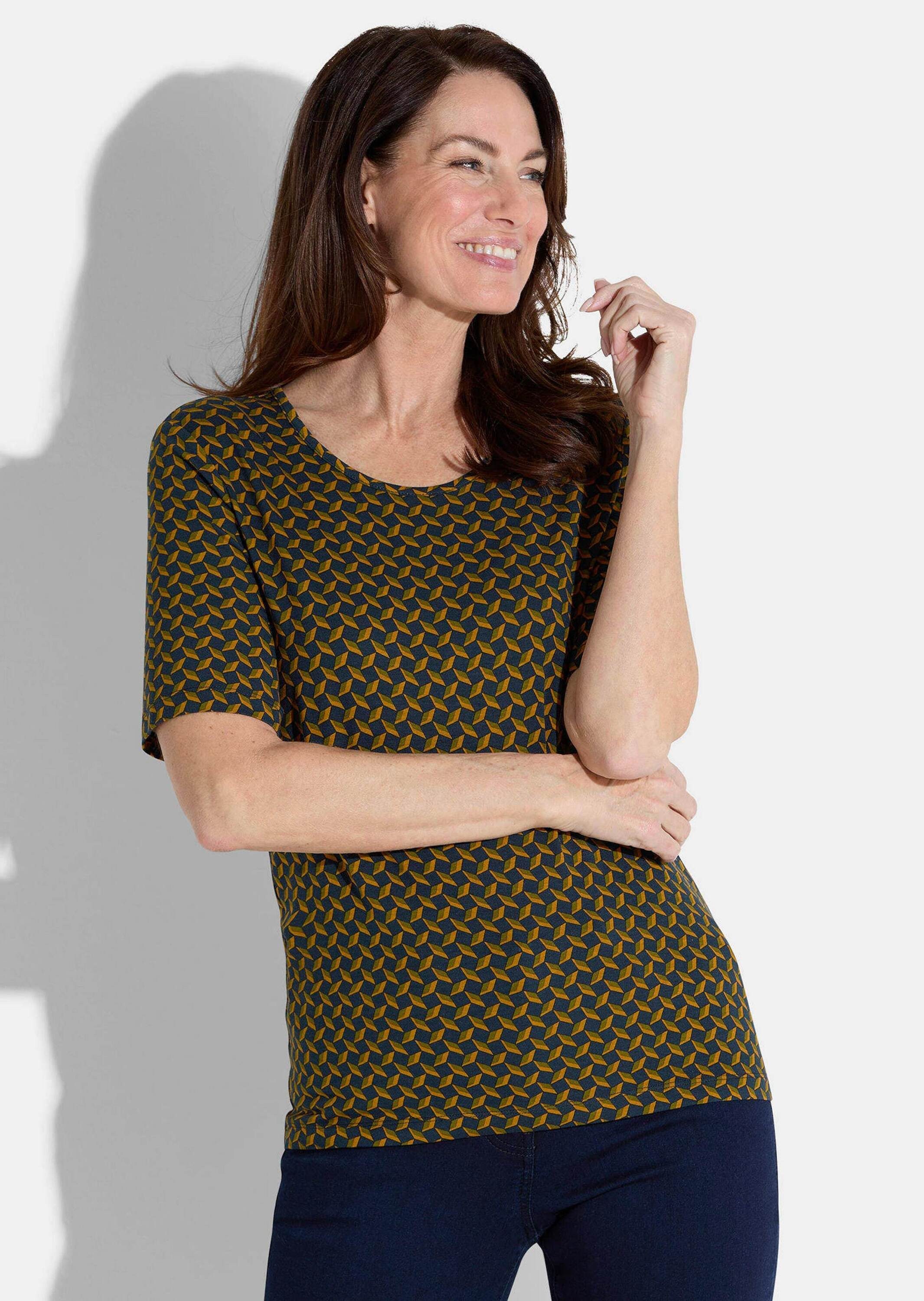 GOLDNER T-Shirt Blusenshirt mit grafischem Muster Feminines Viskoseshirt mit Rundhals und Halbarm