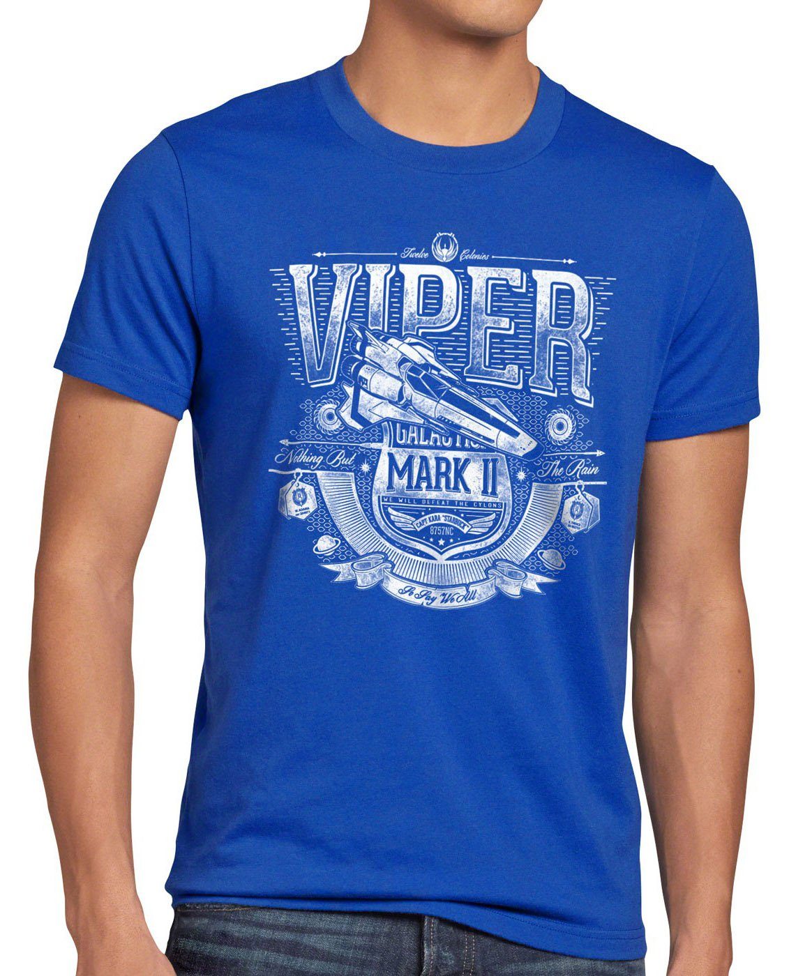 style3 Print-Shirt Herren T-Shirt Viper MK2 galactica kampfstern jäger galaktika battlestar zylon blau