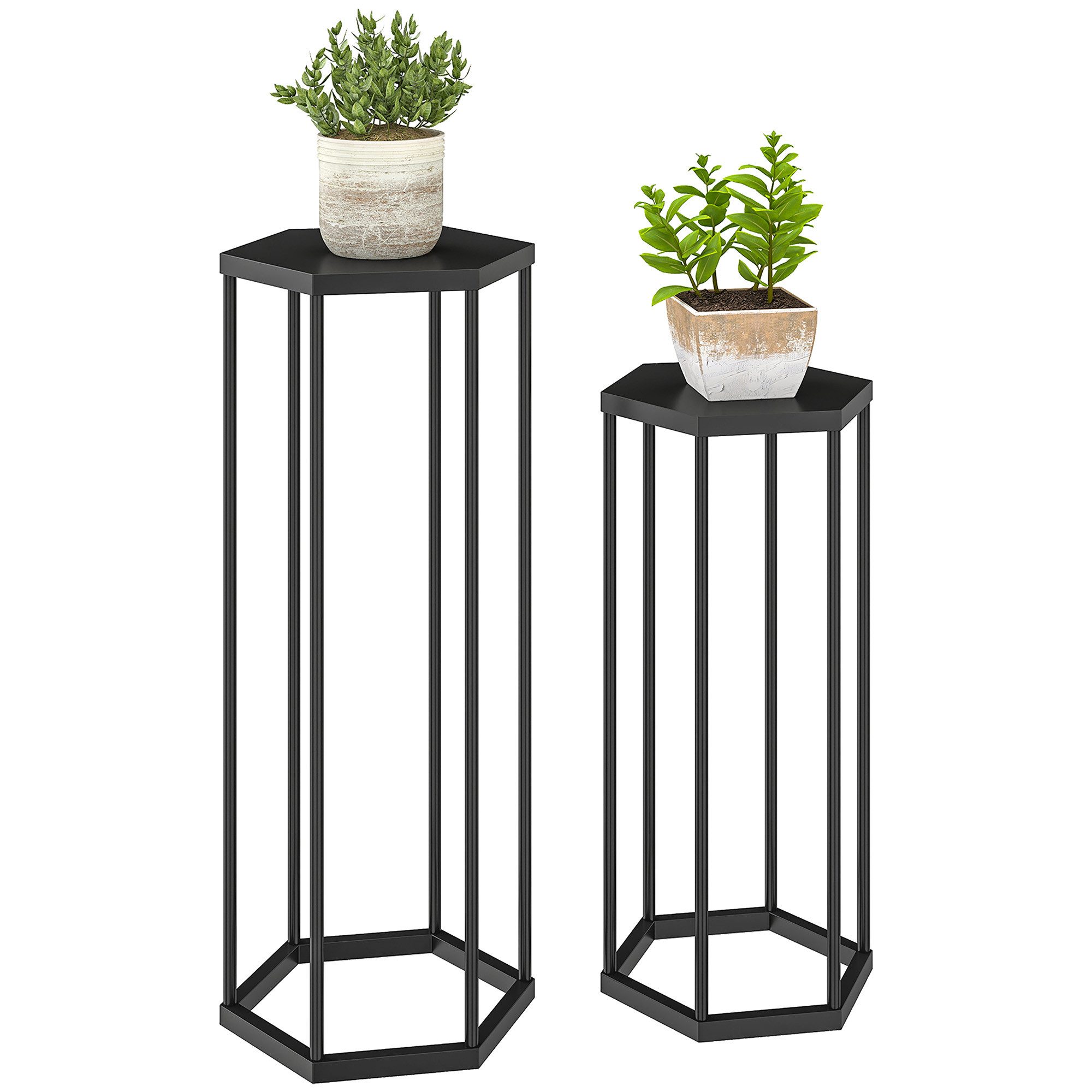 Outsunny Blumenständer Hexagonale für Innen Außen aus Metall Blumenregal, Blumenhocker (Pflanzenregal, 2 St., Pflanzenständer), für Garten Balkon Deko, Schwarz – Bild 2 von 5