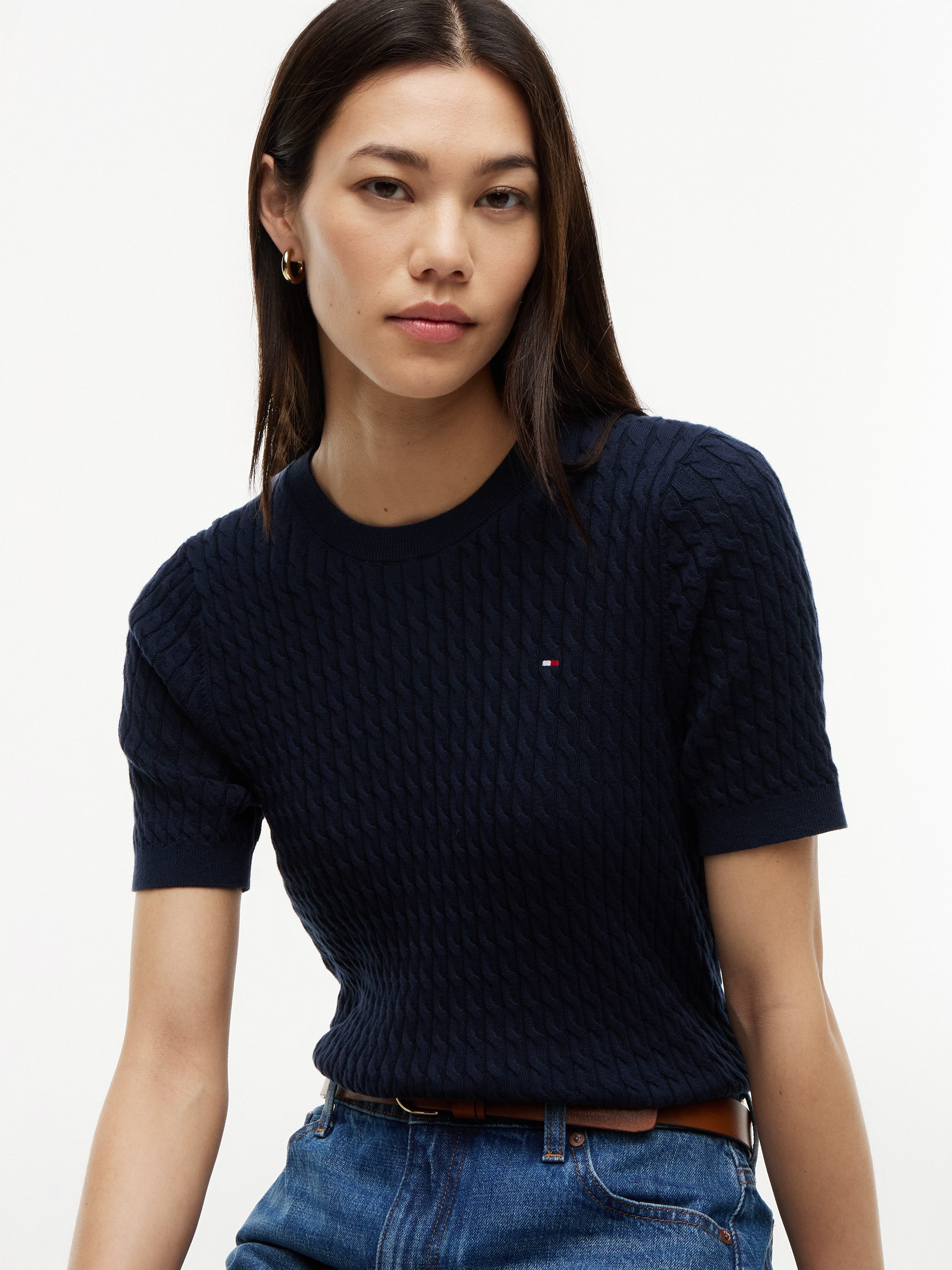 Tommy Hilfiger Kurzarmpullover CO CABLE RWB C-NK SS SWT Baumwolle, mit Zopfmuster