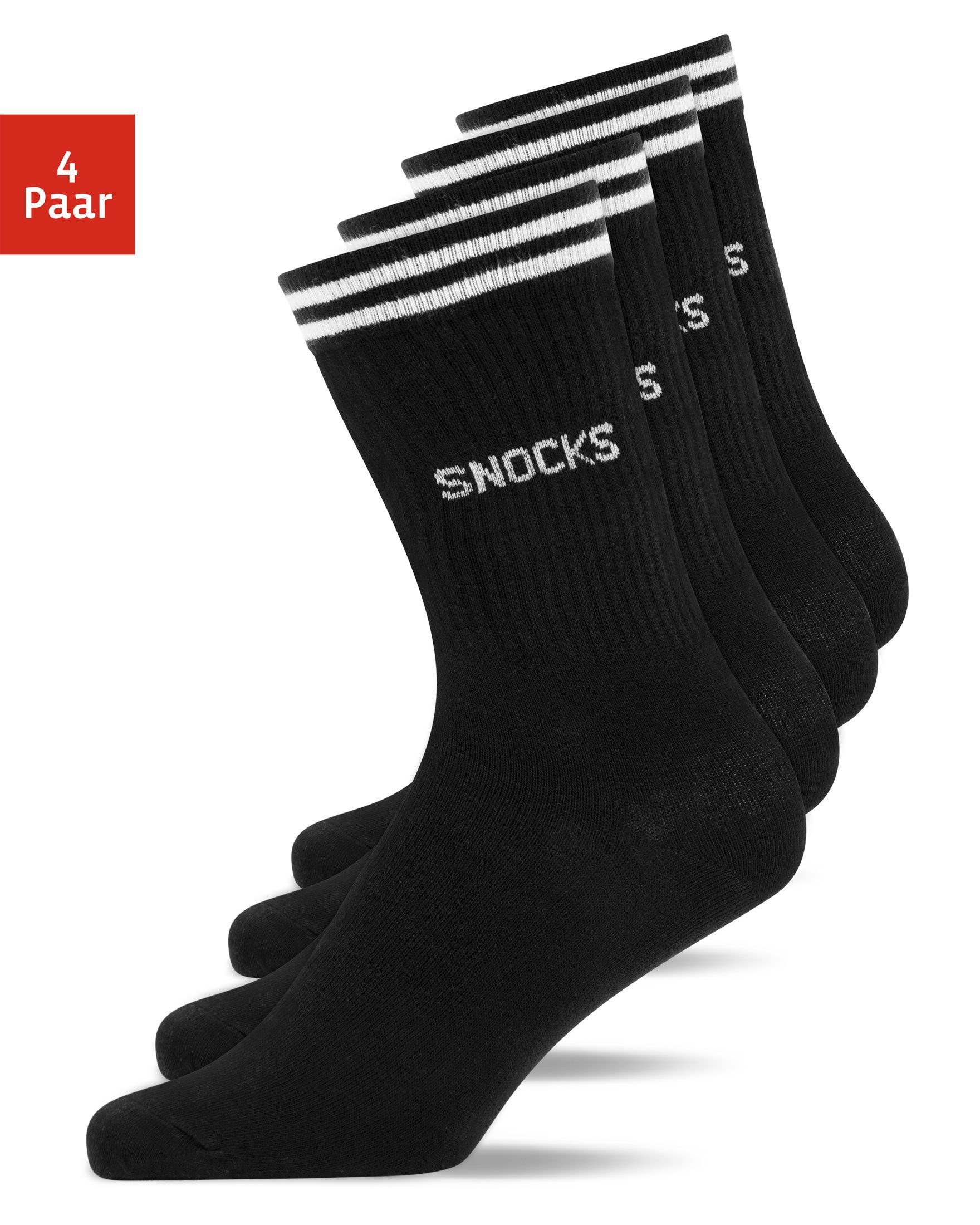 Outfit Herren stylish mit Hohe & Streifen Damen für Schwarz Tennissocken Bio-Baumwolle, (4-Paar) jedes für aus SNOCKS Sportsocken