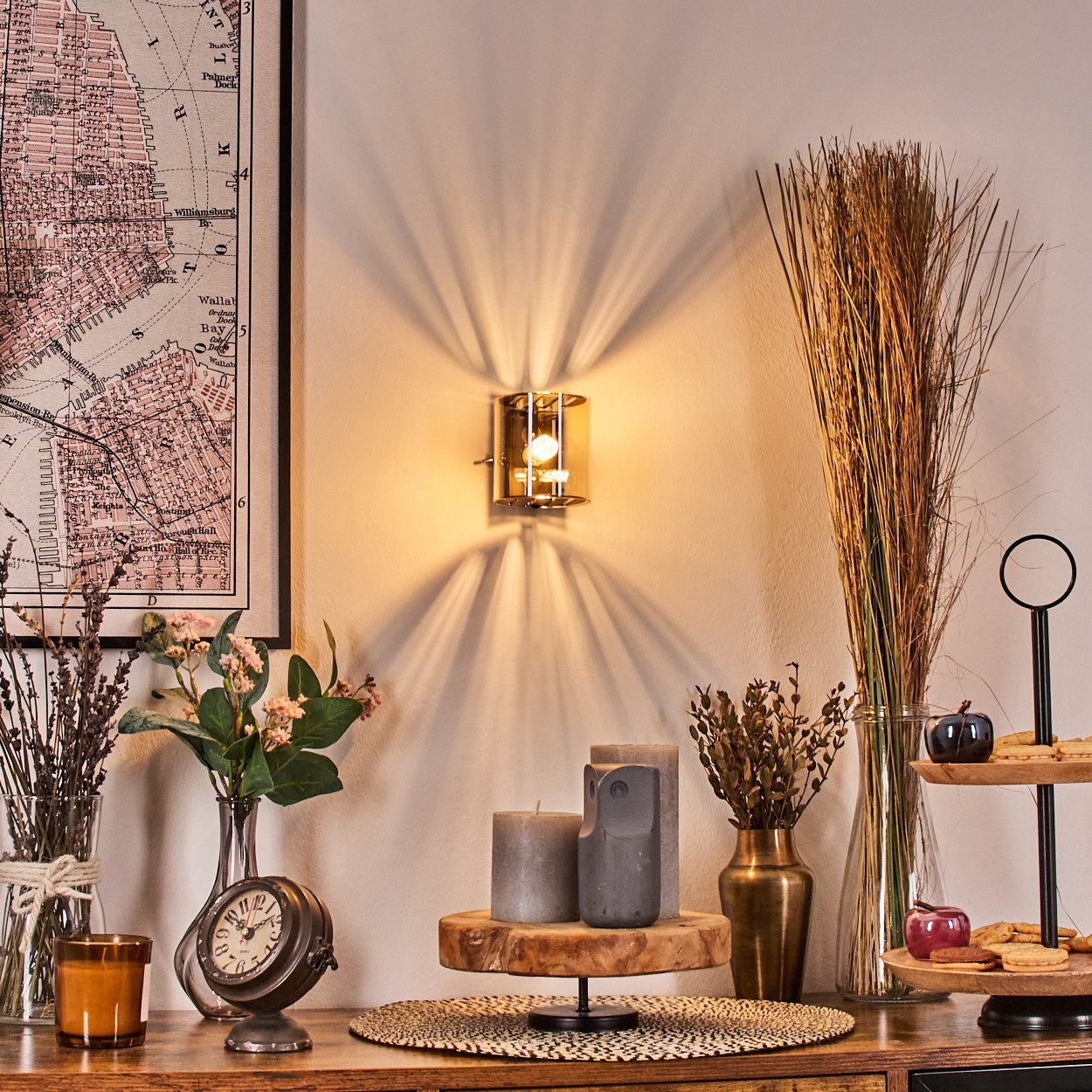 hofstein Wandleuchte Wandlampe aus Metall/Glas in Schwarz/Bernstein, ohne Leuchtmittel, moderne Up&Down-Leuchte mit Lichteffekt, Schalter am Gehäuse, G9