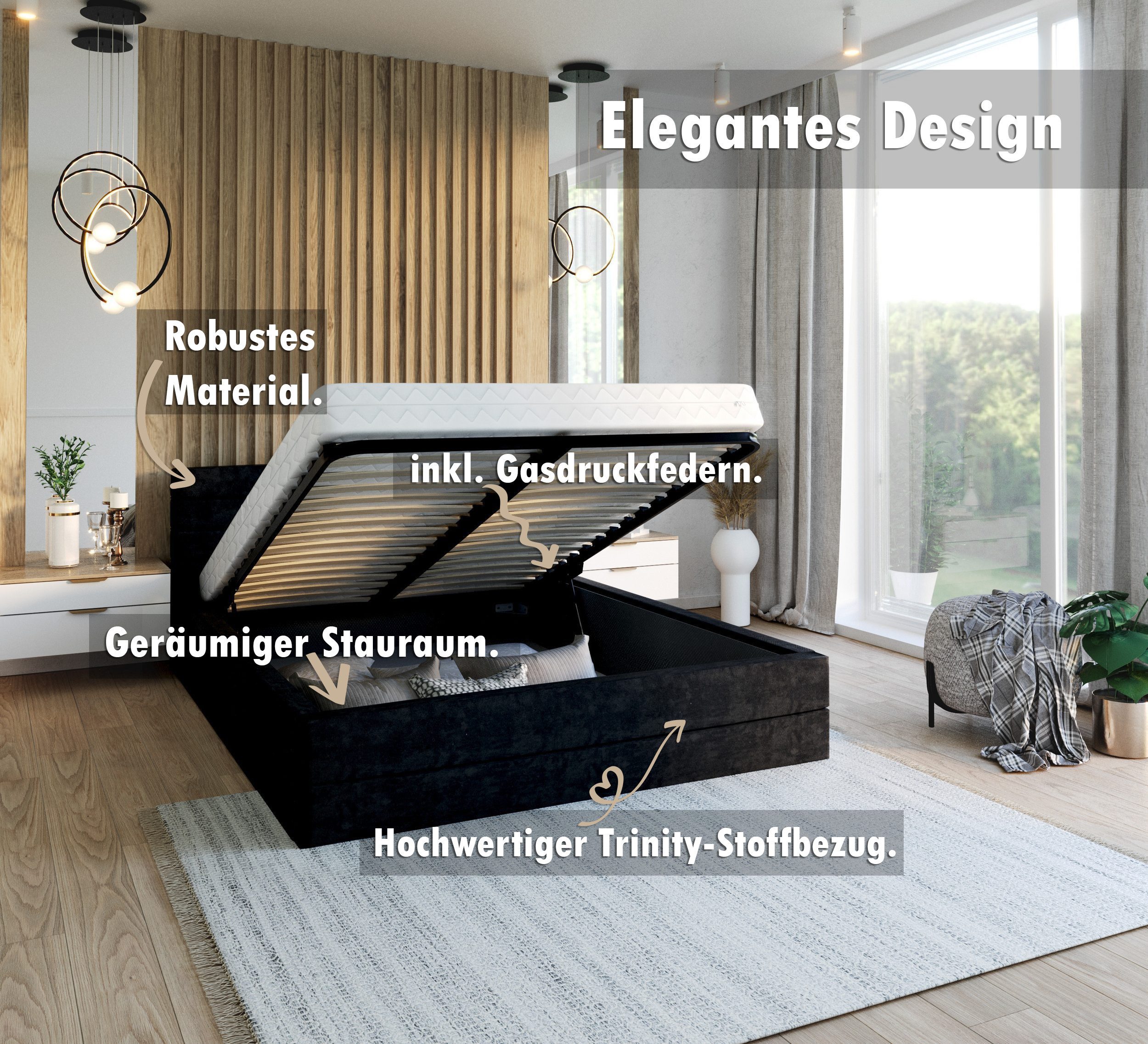 thematys Polsterbett Bett Stauraumbett Velours 90x200, 120x200, 140x200, 160x200, 180x200cm (MADE IN EU - mit hochwertigem Velours Bezug, Bettrahmen, Bett, Optional mit Matratze bestellbar, mit großen gepolsterten Kopfteil, mit Bettkasten zum aufklappen), Metallrahmen mit Lattenrost, hydraulische Klappfunktion für Stauraum