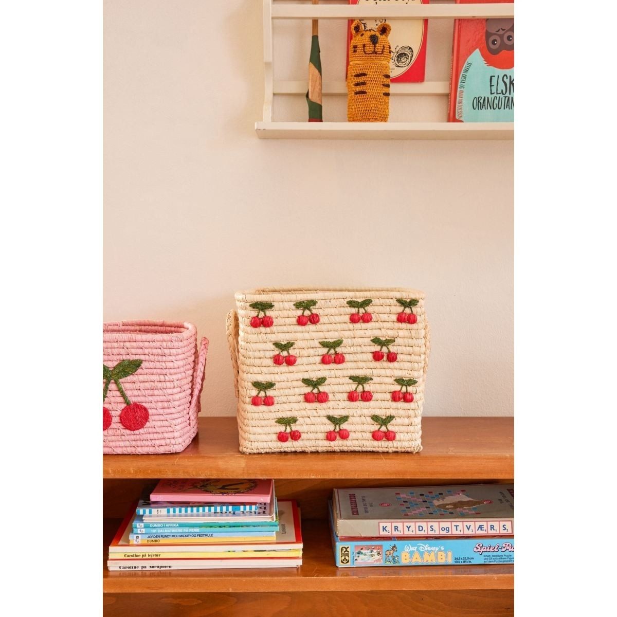 rice Aufbewahrungskorb Handgefertigter Raffiakorb mit Kirschmotiv Tragegriffen 30 x 30 x 25