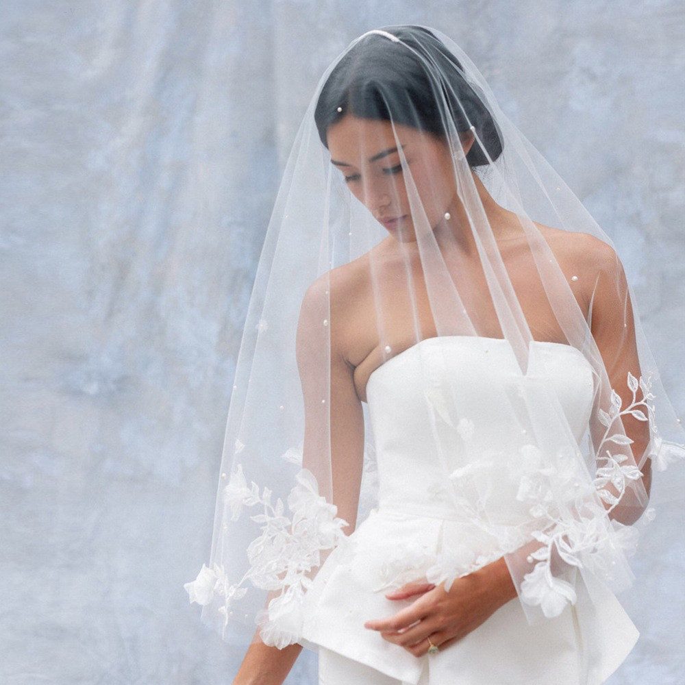 ZEUOPQ Schleier Braut Strass Schleier Spitze Appliques Perlen Kopf Schleier (1-tlg), Hochzeit Braut Schleier Weißen Schleier Kamm