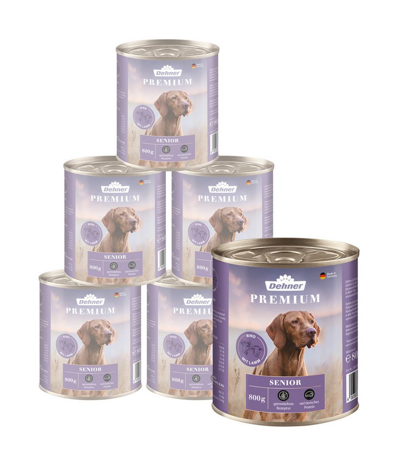 Dehner Premium Senior Lamm, 6 x 800 g Dose, getreidefrei Rind, Nassfutter für: Hunde, Nassfutter für ausgewachsene Hunde