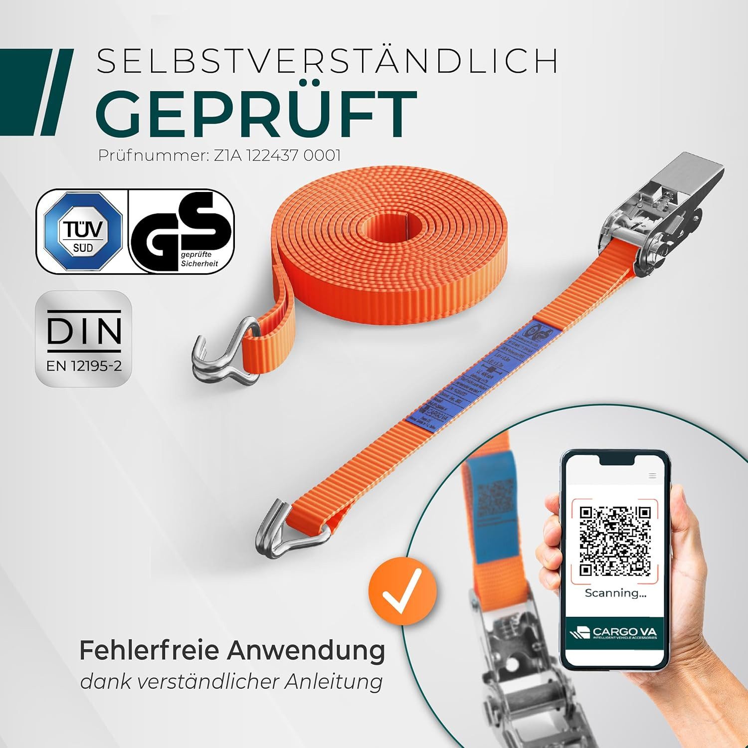 CargoVA® Spanngurt Robuste 800kg Spanngurte [4er Set] - TÜV/GS Zertifiziert & DIN (Spanngurt-Set, 4er Set) DIN EN 12195-2 konform, 25 mm Breite