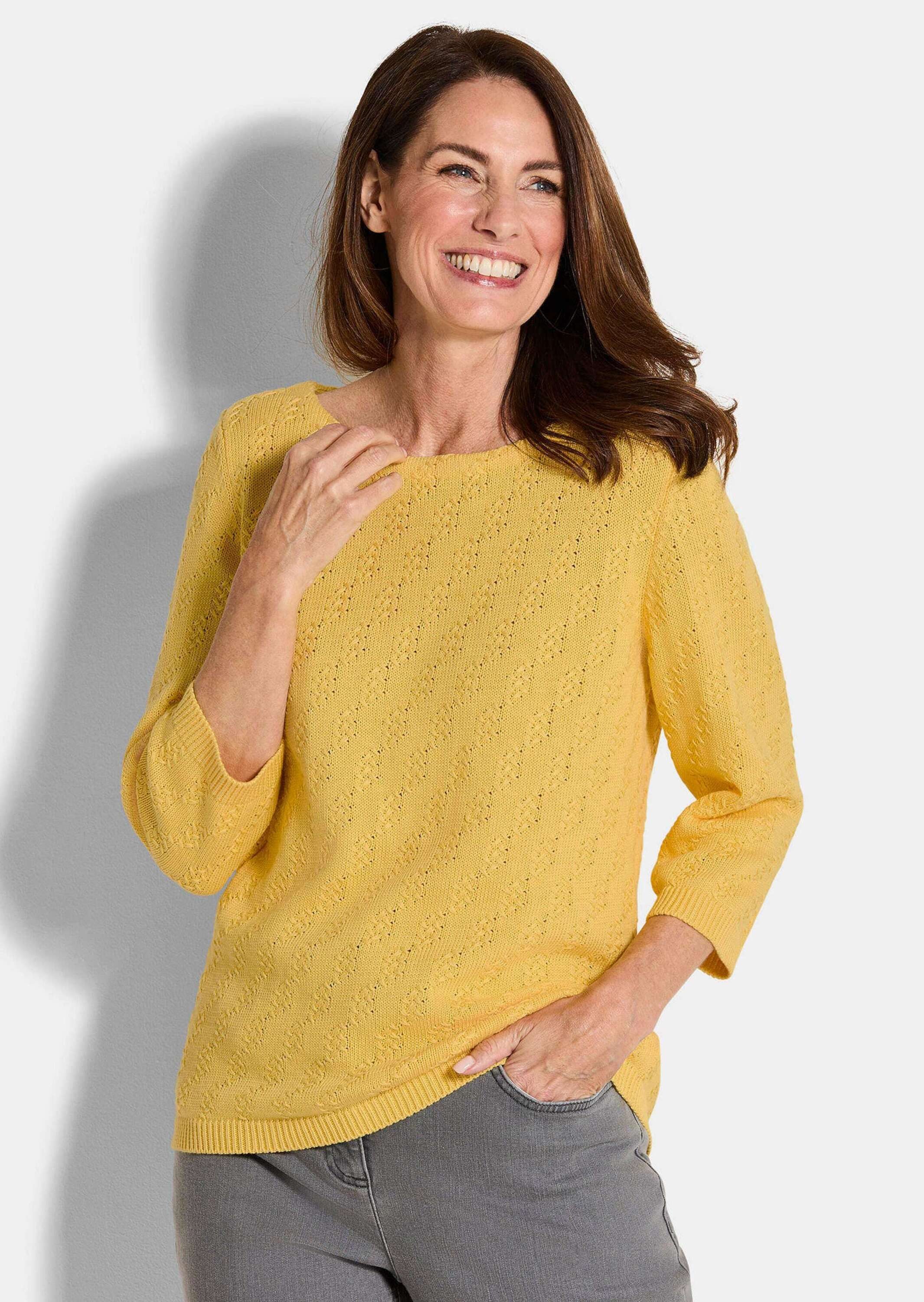 GOLDNER Вязаные свитера Halbarm Baumwollpullover mit Struktur Elegantes Strickoberteil mit U-Boot-Ausschnitt und 3/4-Ärmel