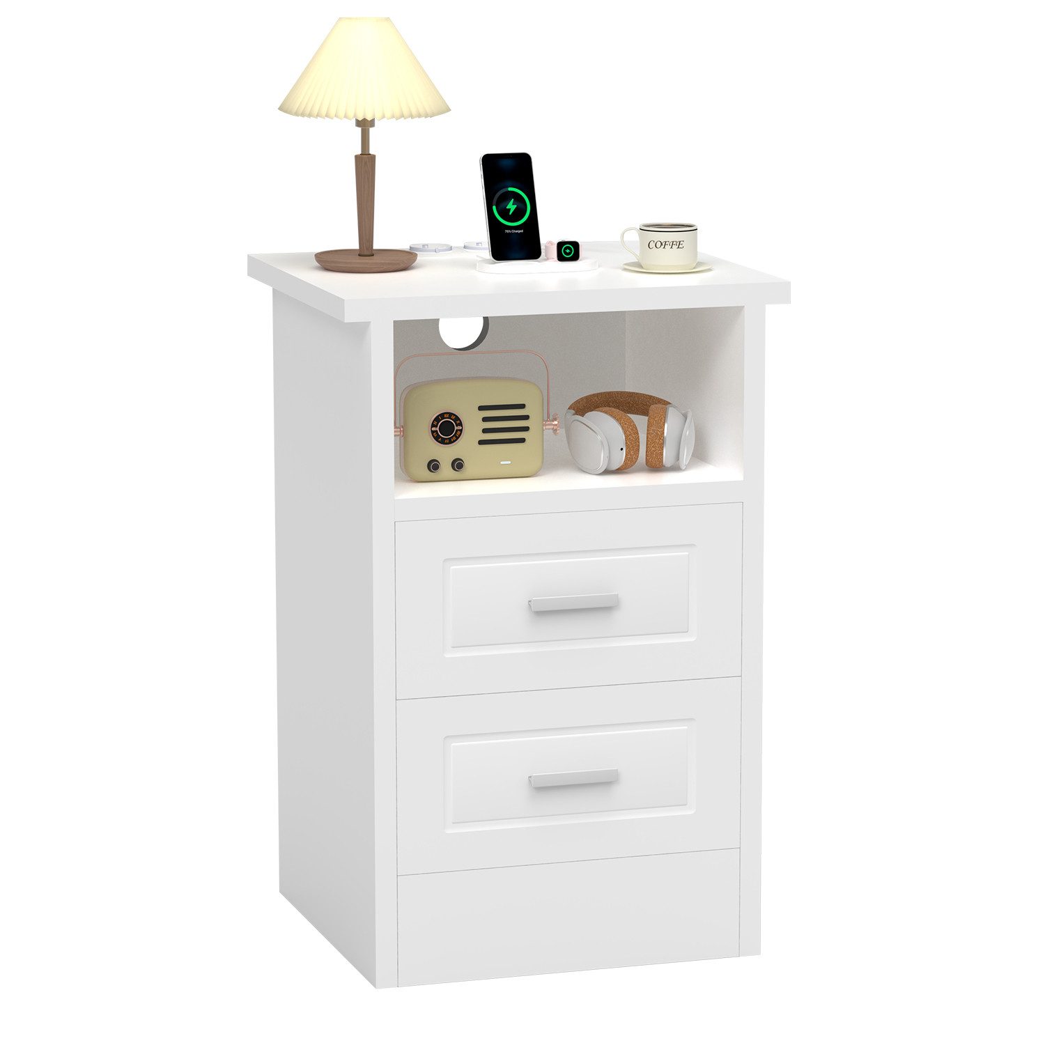 oyajia Nachttisch mit Beleuchtung LED und Ladefunktion USB & Type-C, Nachtschrank mit 2 Schubladen und 1 offener Ablage