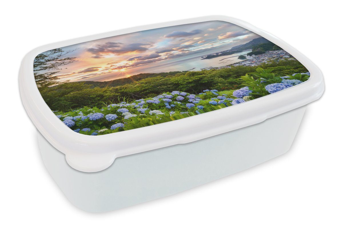 MuchoWow Lunchbox Hortensienblüten im Sonnenuntergang, Kunststoff, (2-tlg), Brotbox für Kinder und Erwachsene, Brotdose, für Jungs und Mädchen weiß