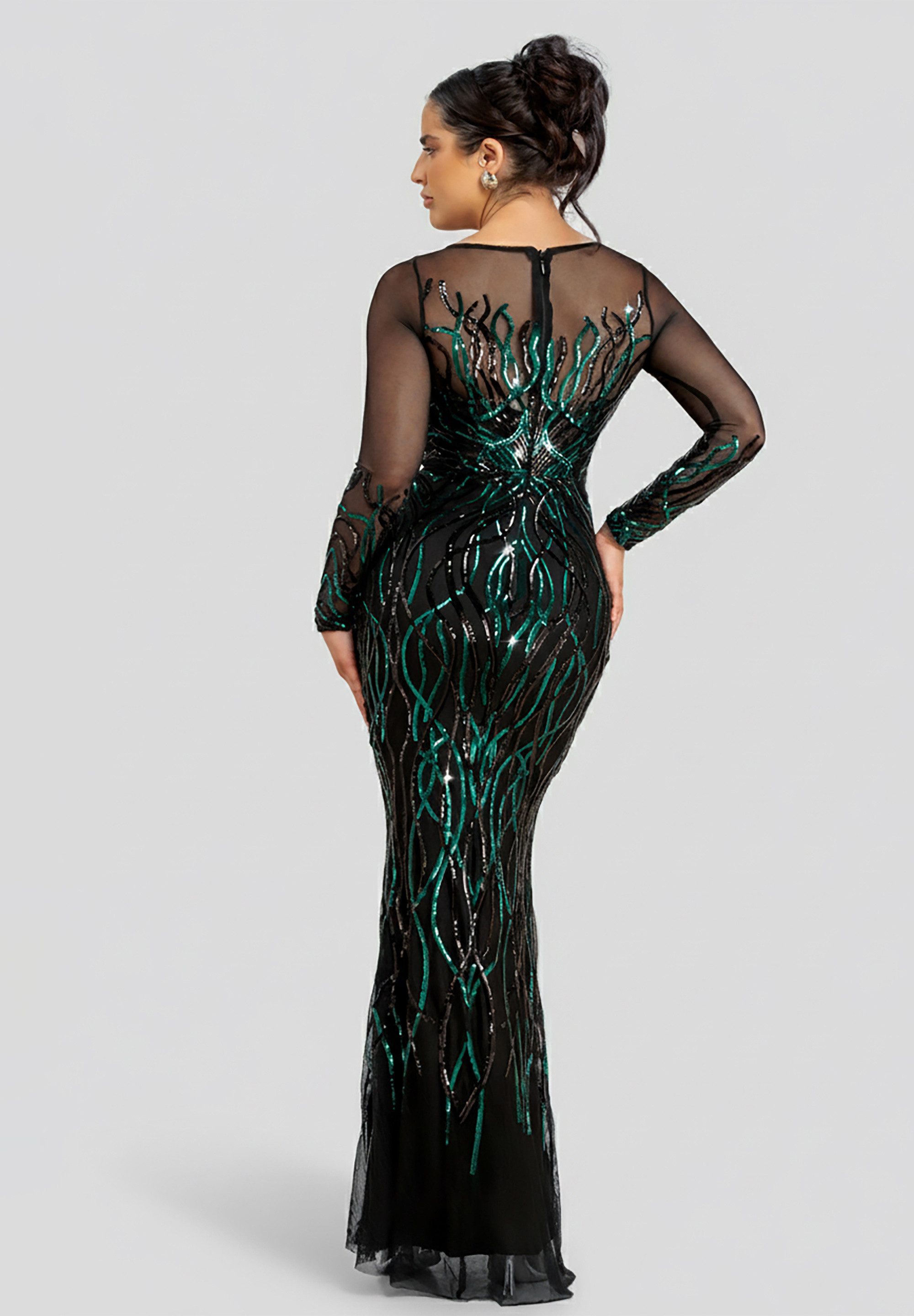 Goddiva Maxikleid Long Sleeve Sequin Flame Maxi Langes Kleid, Samt, Rundhals
