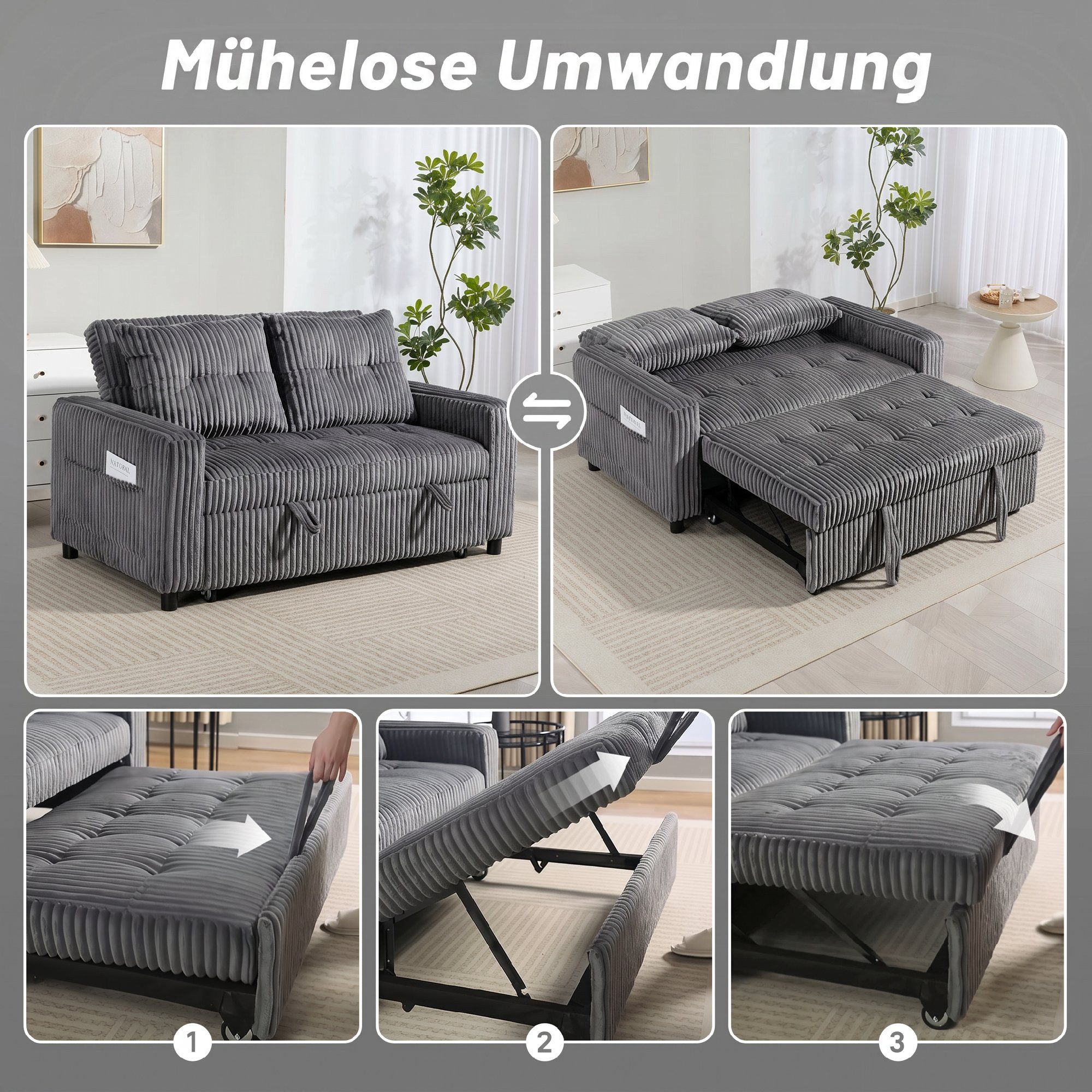 HOMCOM Schlafsofa 2-Sitzer Sofa 157 x 190 cm Schlafcouch mit Schlaffunktion, Set 1 Teile, 3-in-1-Design, ausziehbar, 3-fach verstellbare Rückenlehne – Bild 4 von 5