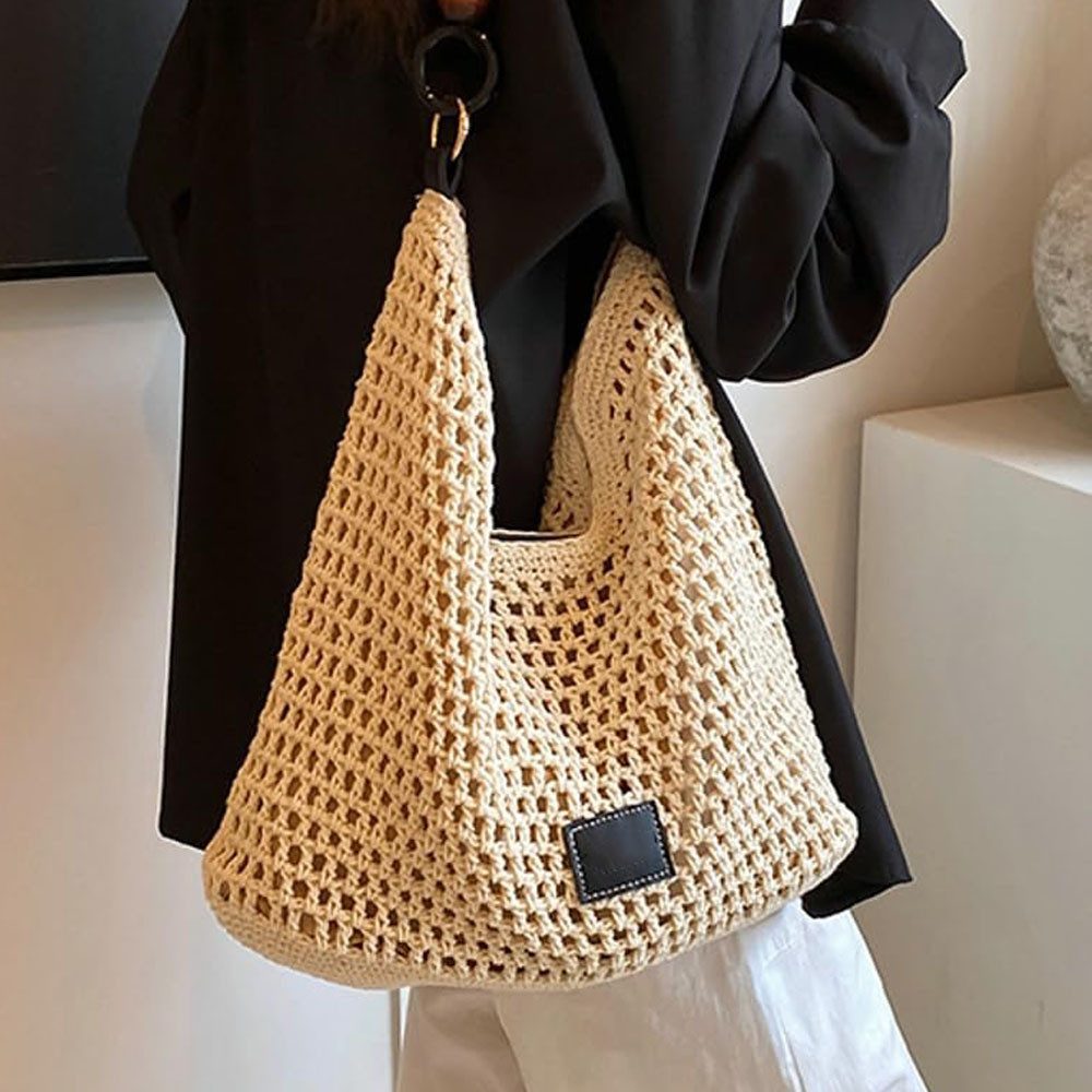 MOPUEA Strandtasche Damen Boho Straw Beach Bag Gehäkelte Baumwoll-Strick -Tragetasche (Schultertasche, Umhängetasche, Sommer, Strand, 1-tlg., Casual Groß Häkeltasche mit Leder Riemen für Urlaub Stadt Reisen), Tragegriff oben für Reisen, Einkaufen