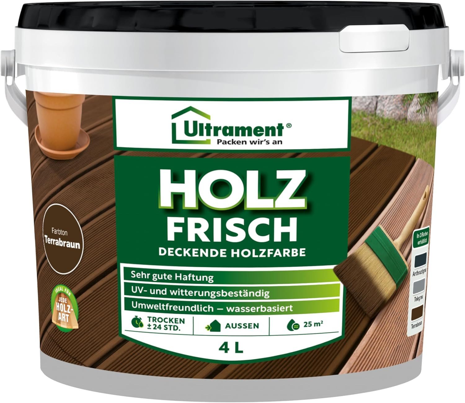 Ultrament Holzschutzlasur Ultrament Holz Frisch - Deckende Holzfarbe, Bodenfarbe Holz für Aussen, Holz Frisch - Deckende Holzfarbe, Bodenfarbe Holz für Aussen, 4 Liter