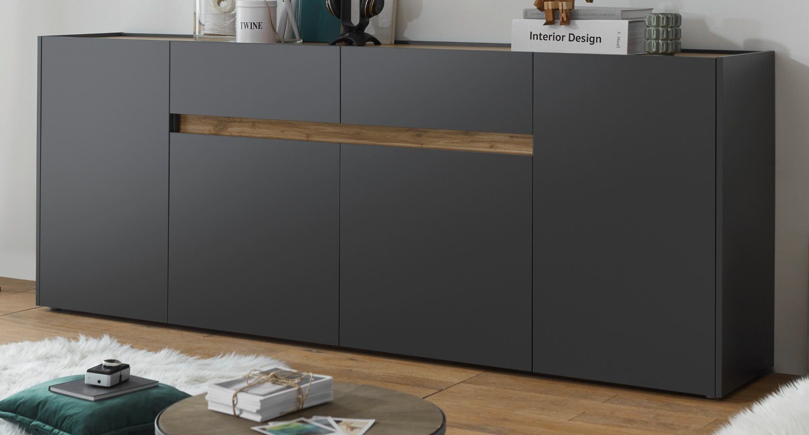 Furn.Design Sideboard Center (Anrichte in grau mit Wotan Eiche, 4-türig, 220 x 87 cm), mit viel Stauraum