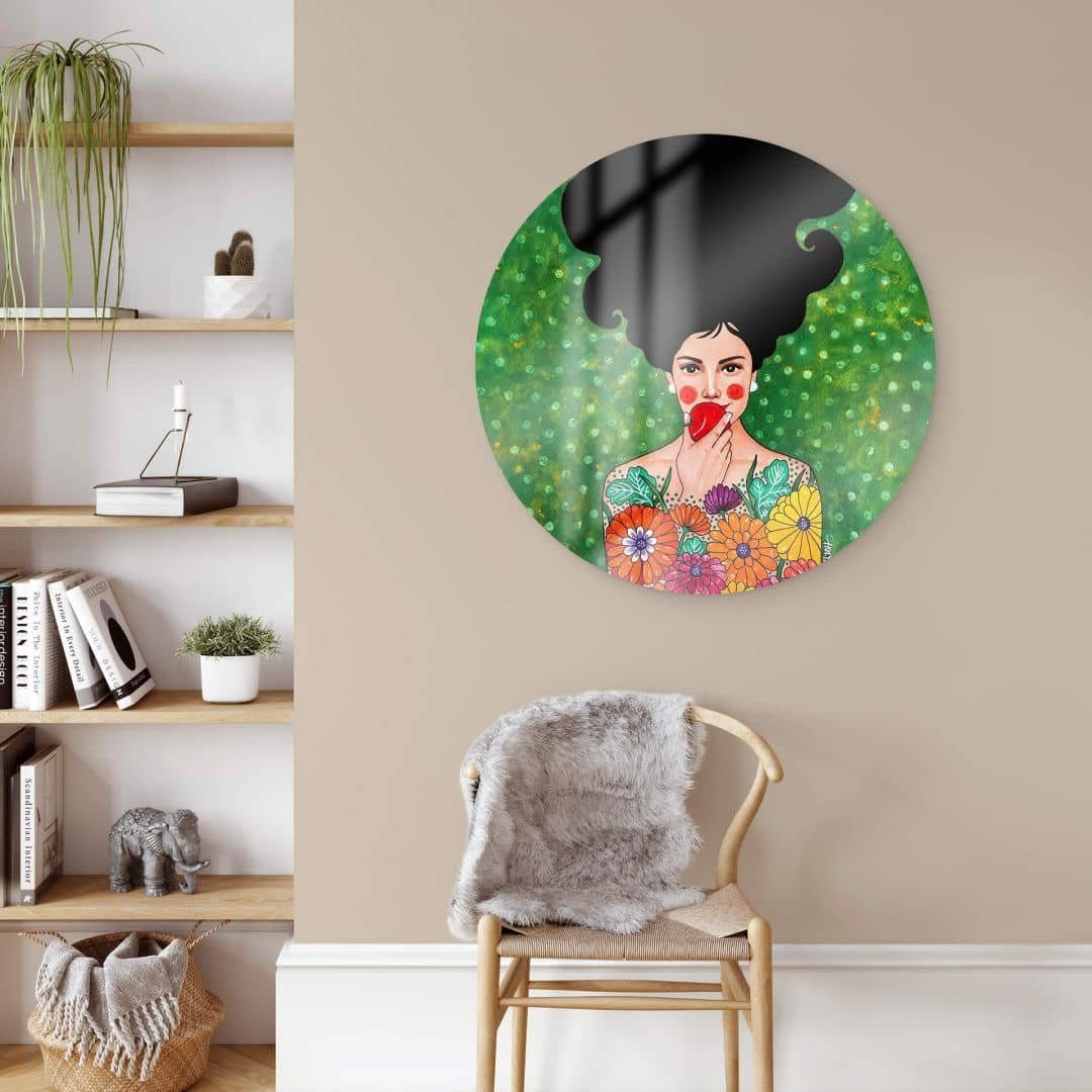 K&L Wall Art Glasbild Glas Wandbild Rund Glasbild Aquarell Kunst Hülya roter Apfel, Wandschutz Deko Bilder