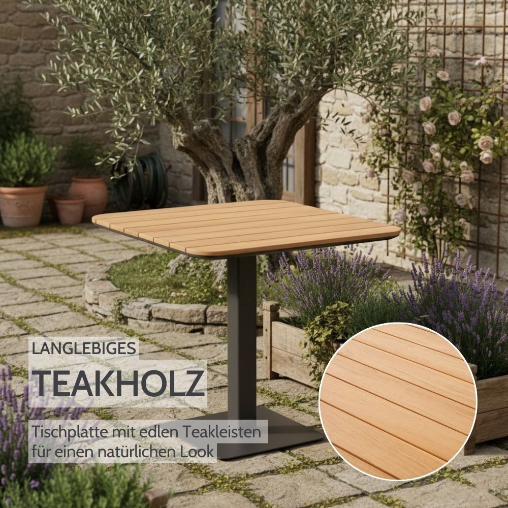 Liadomo Gartentisch Torano, Klapptisch, Balkontisch, Outdoortisch, quadratisch 80x80 cm (platzsparend verstaubar, standfest & stabil), Teakholz-Tischplatte, klappbar, Aluminium anthrazit