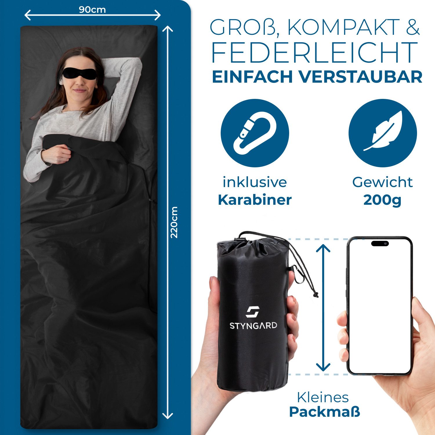 Styngard Schlafsackinlett 2in1 Hüttenschlafsack ultraleicht Mikrofaser [200g] - kleines Packmaß
