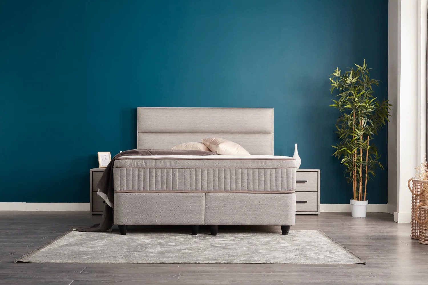abc bedding Boxspringbett Komfortbett SUNA mit stilvollem Webstoff in grau (3-Teile), Voll-orthopädisches Schlafsystem inklusive Bettkasten