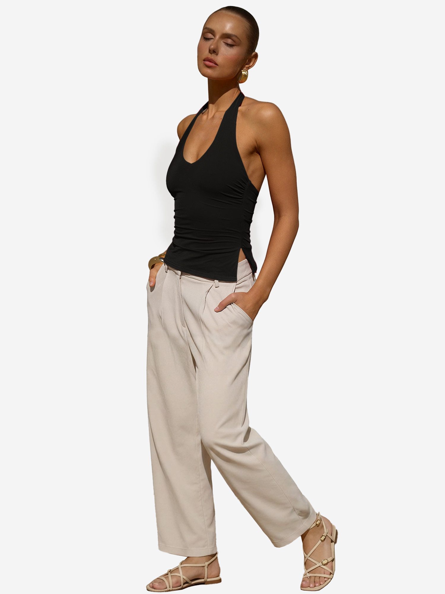 Imily Bela Tanktop Damen Halterneck Top mit freiem Rücken (Packung, 1-tlg., 1per-Pack) Seitenschlitze