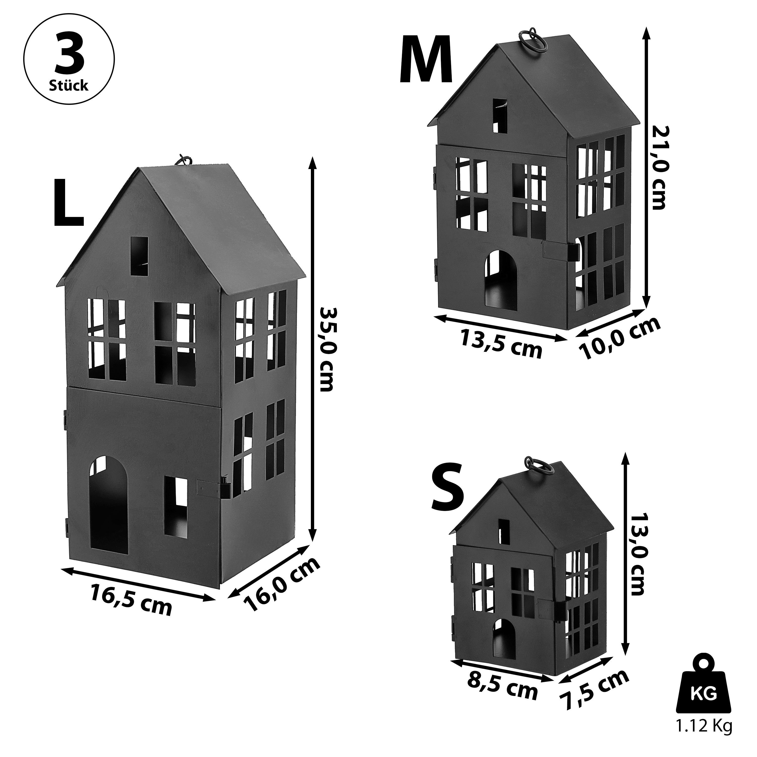 Größen Windlicht schwarz Eisen Set Deko 3 3er CEPEWA Metallhaus Haus Windlicht Laterne